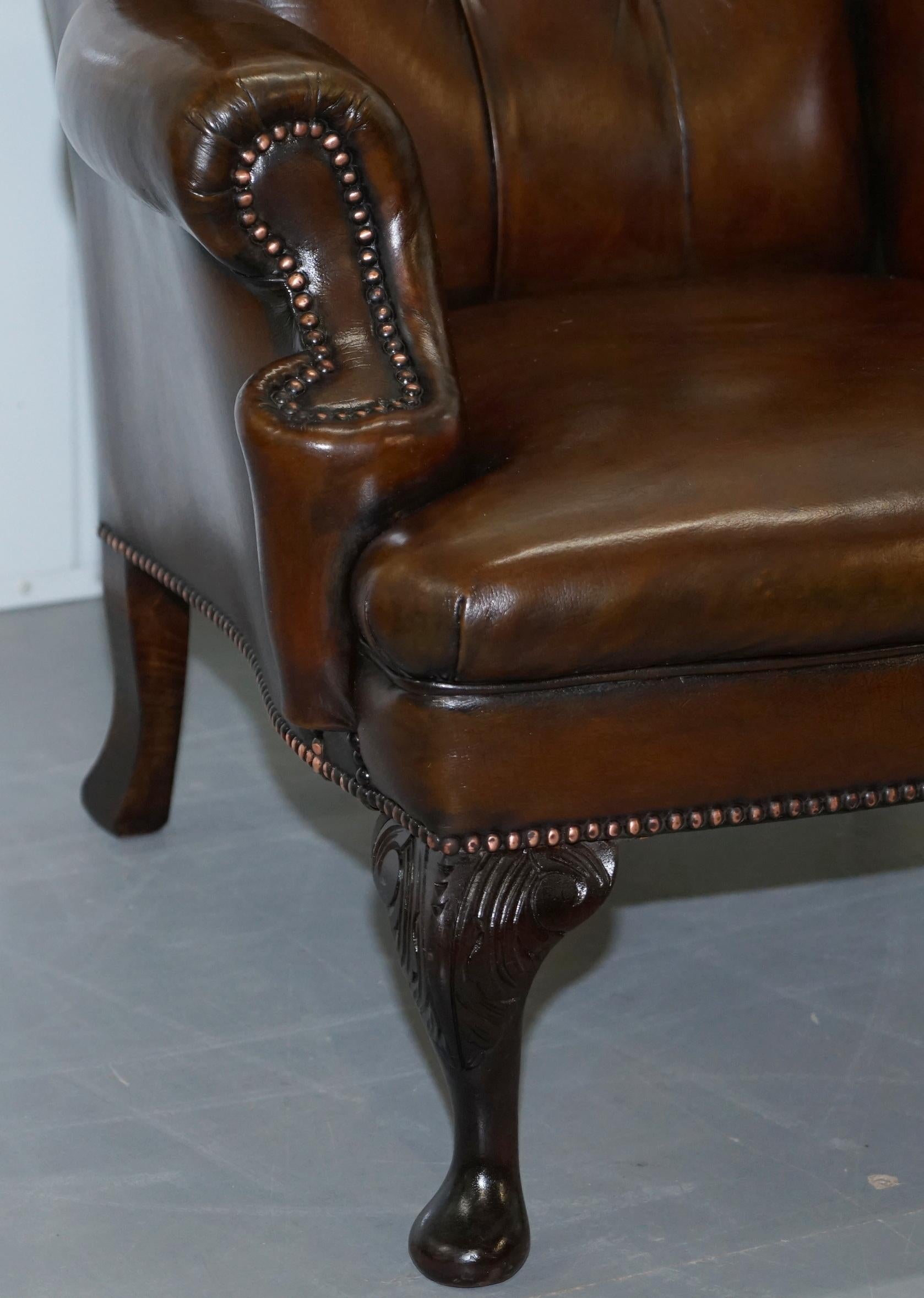 Pair of Restored Cigar Brown Leather Chesterfield Wingback Armchairs Carved Legs 6