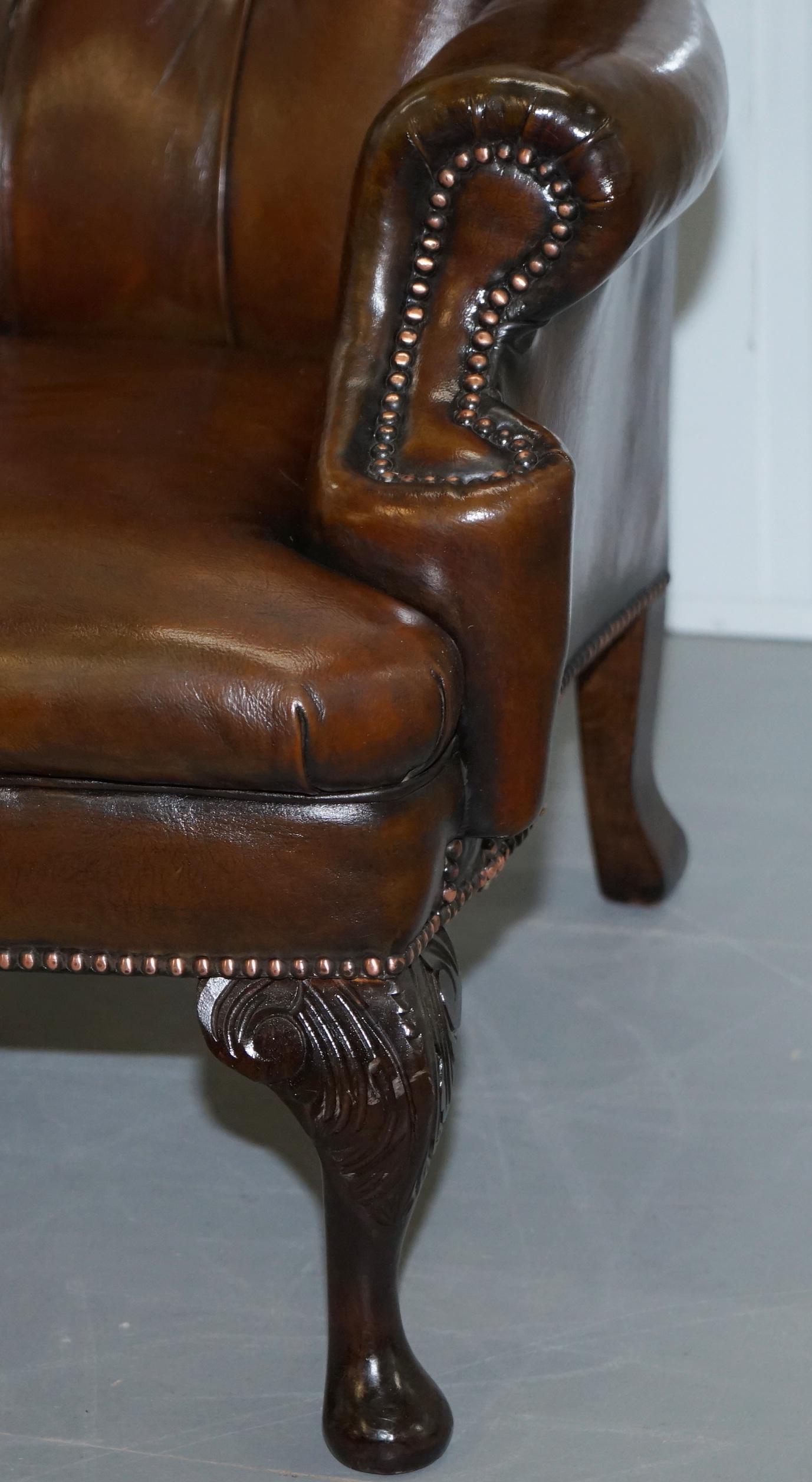Pair of Restored Cigar Brown Leather Chesterfield Wingback Armchairs Carved Legs 7