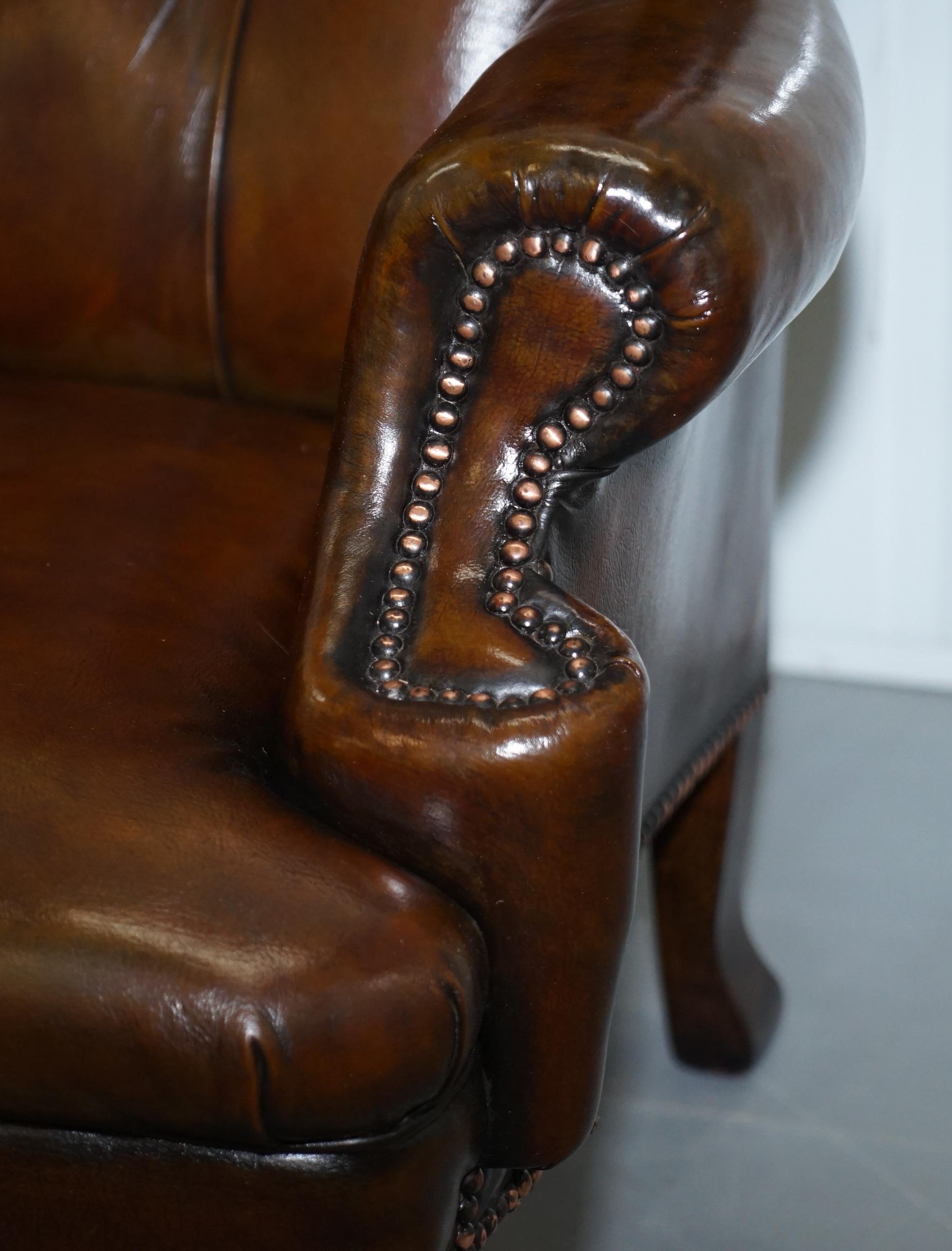 Pair of Restored Cigar Brown Leather Chesterfield Wingback Armchairs Carved Legs 8