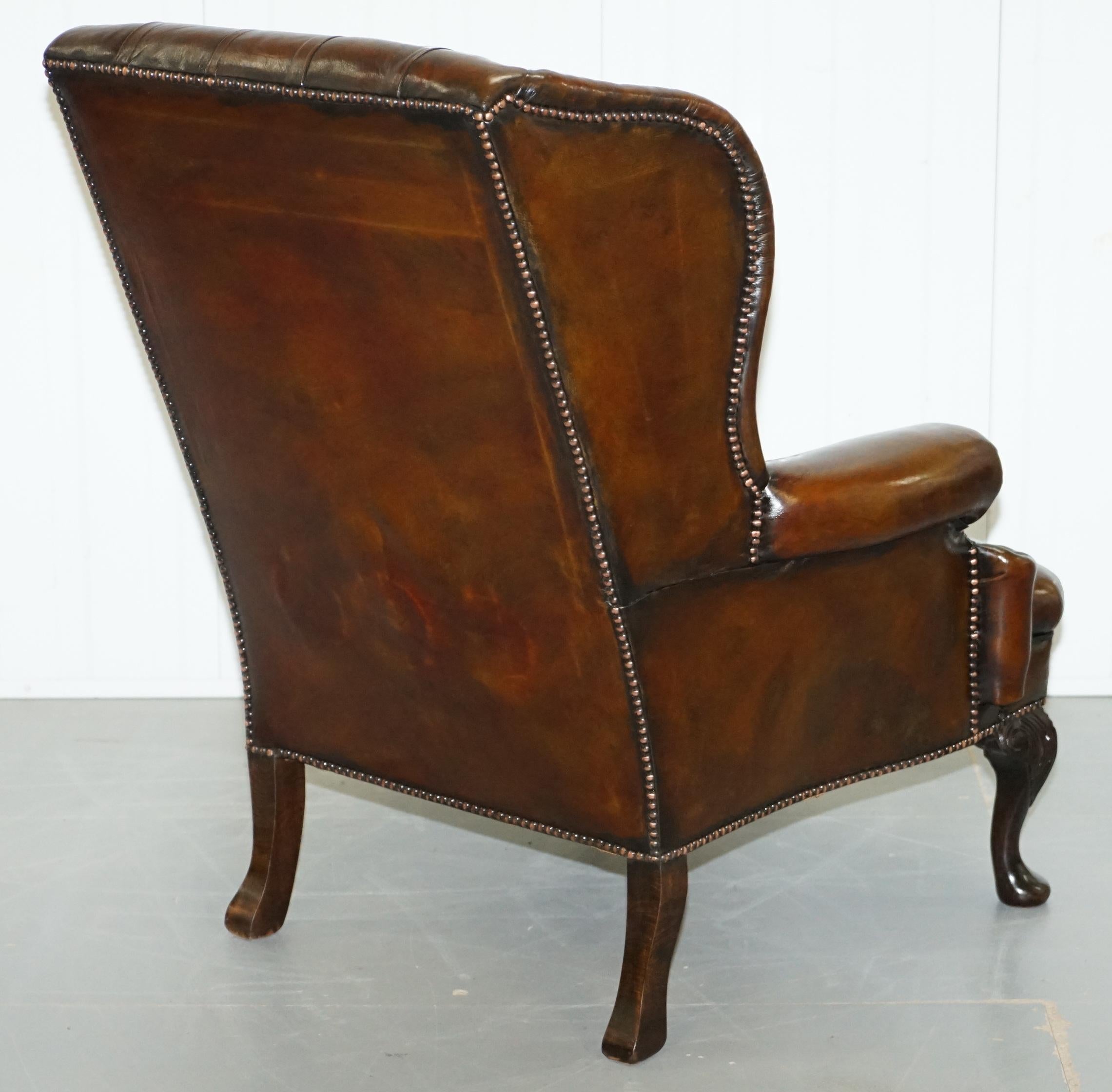 Pair of Restored Cigar Brown Leather Chesterfield Wingback Armchairs Carved Legs 9
