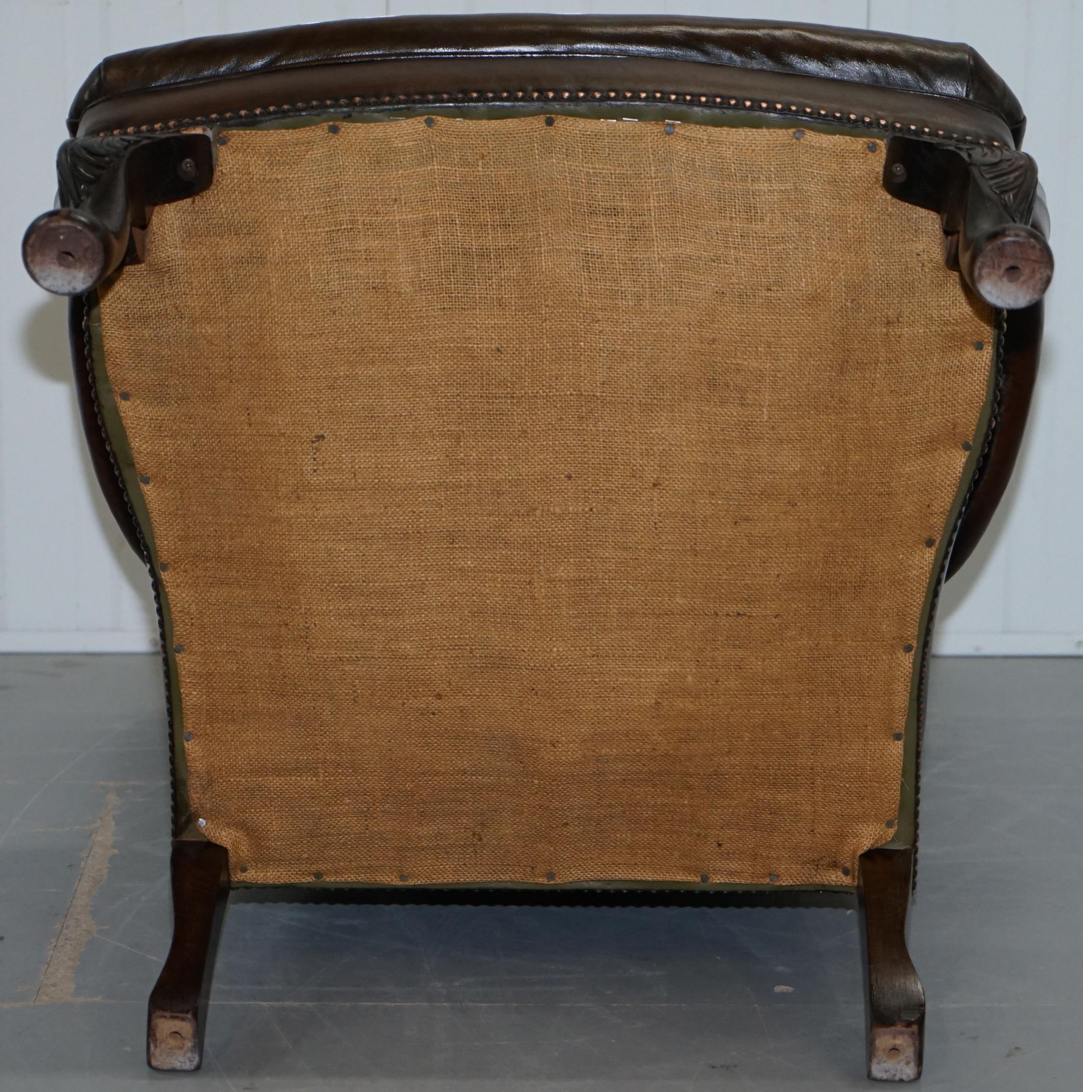 Pair of Restored Cigar Brown Leather Chesterfield Wingback Armchairs Carved Legs 10