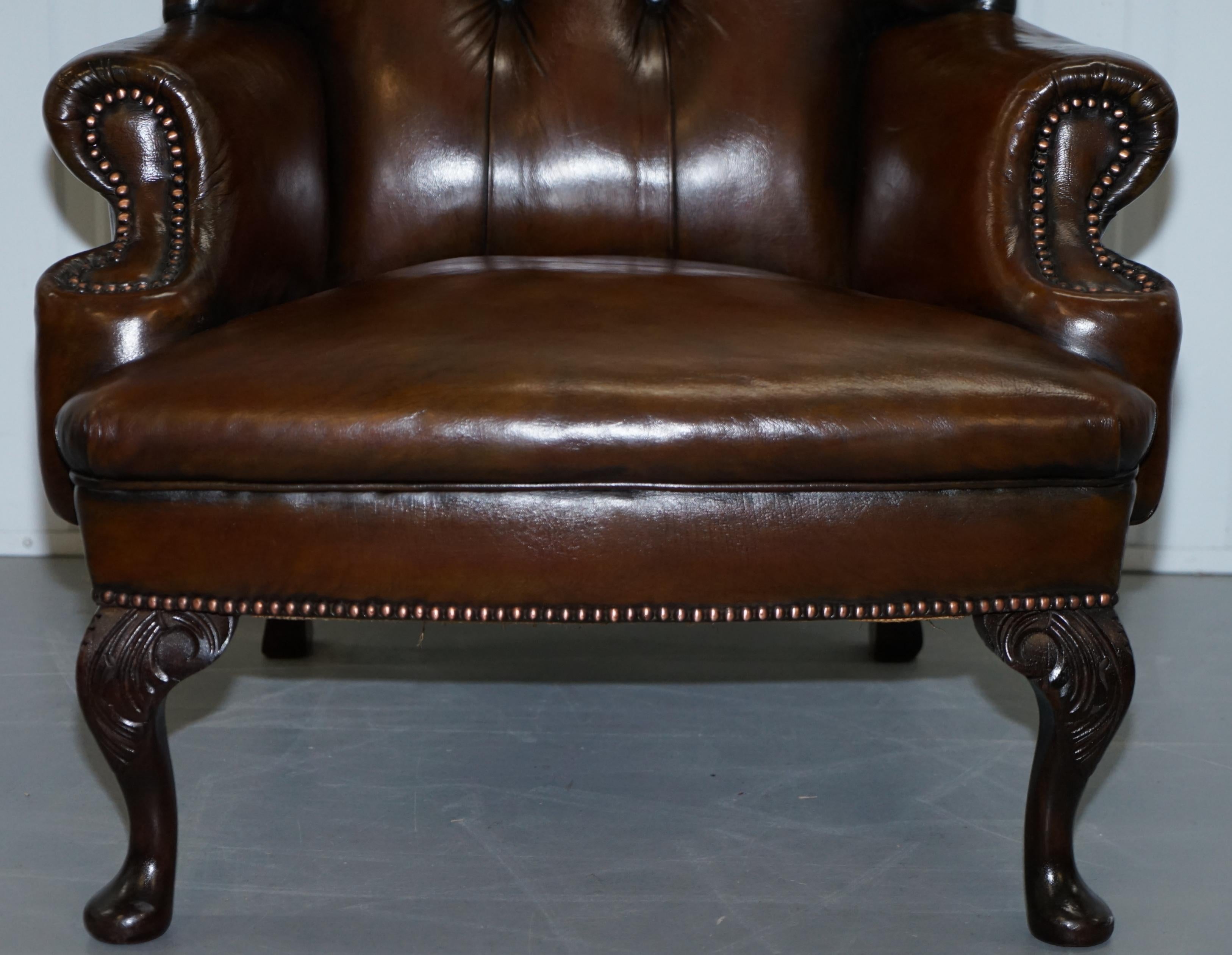 English Pair of Restored Cigar Brown Leather Chesterfield Wingback Armchairs Carved Legs