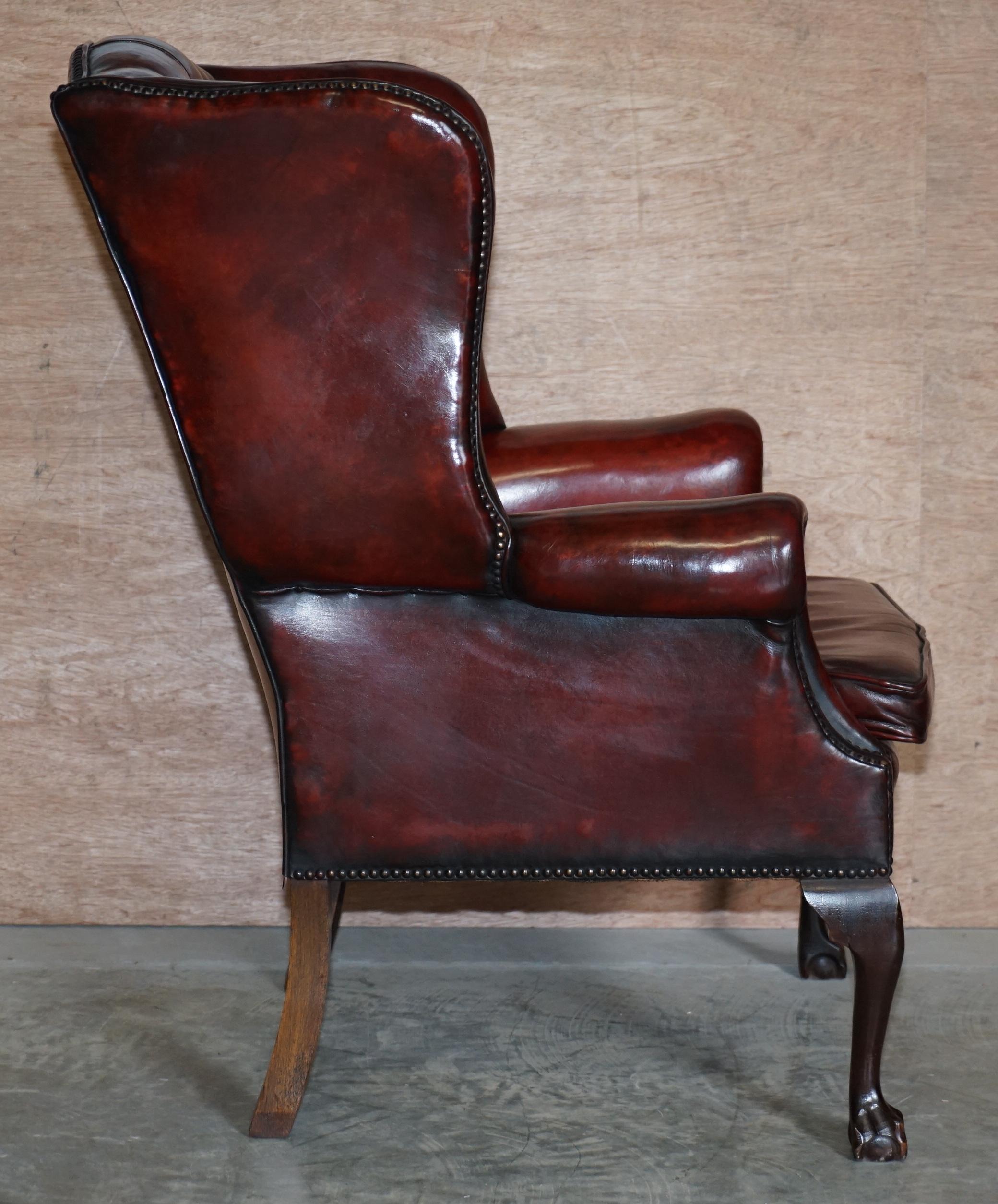 Pair of Restored Claw & Ball Chesterfield Wingback Bordeaux Leather Armchairs 3