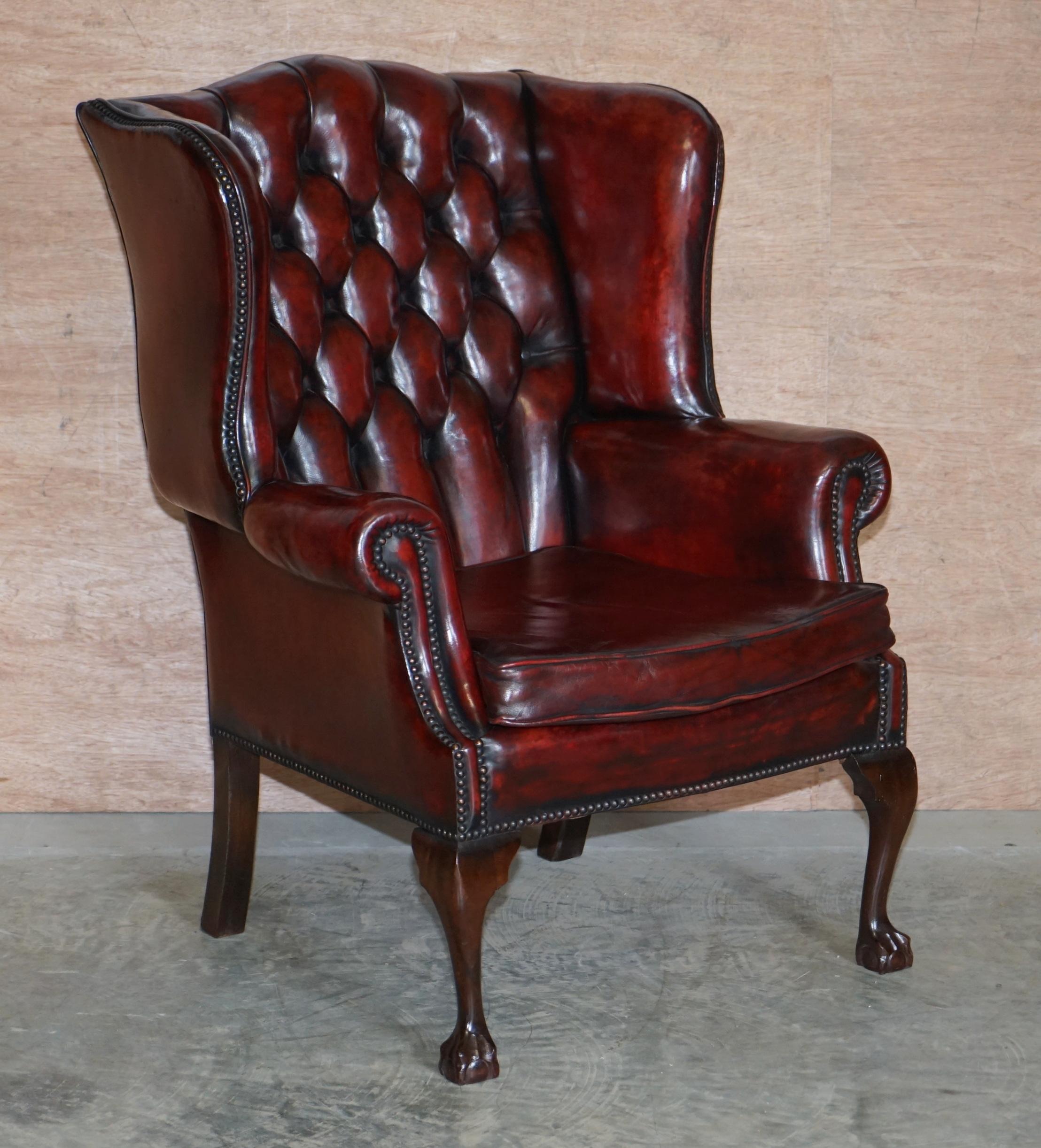 Pair of Restored Claw & Ball Chesterfield Wingback Bordeaux Leather Armchairs 6