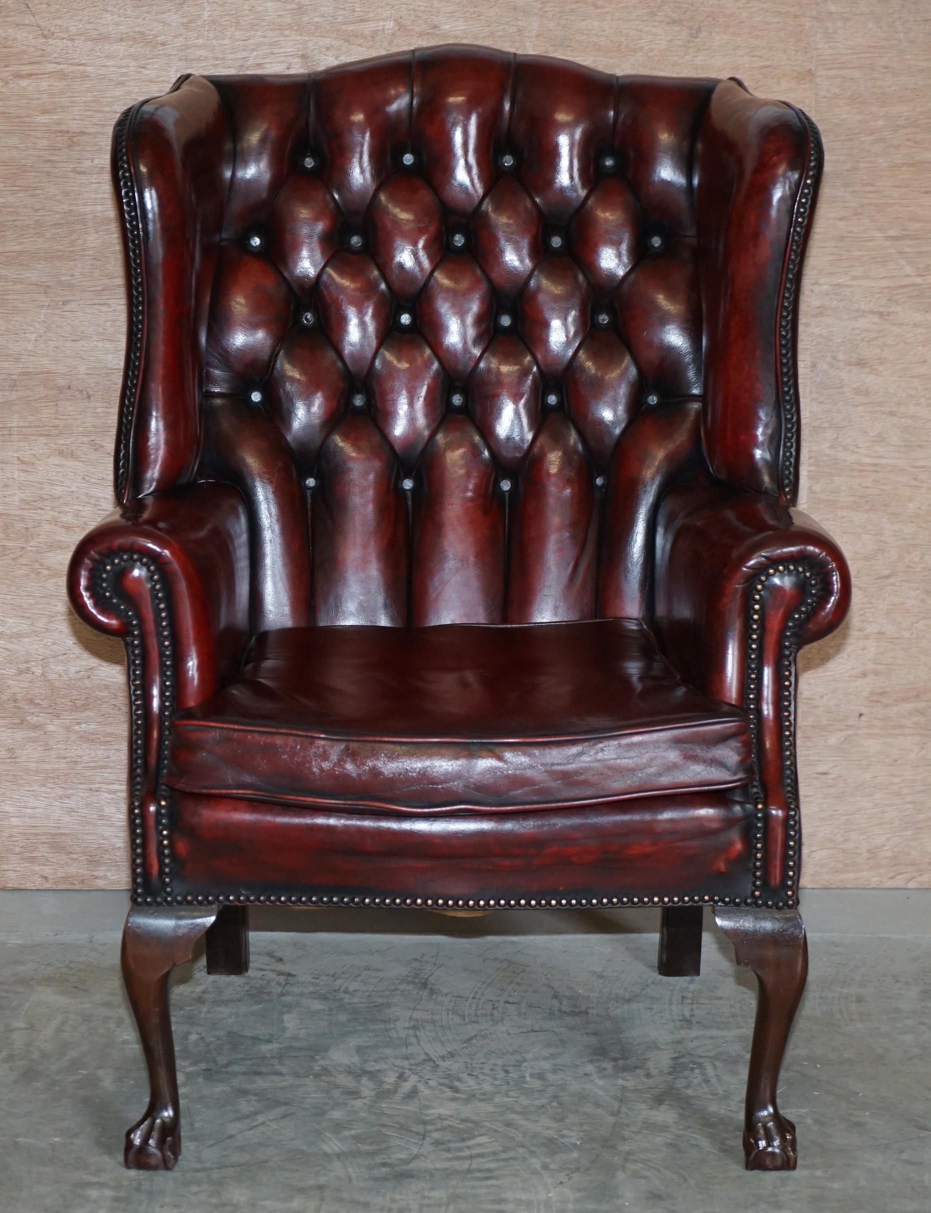 Pair of Restored Claw & Ball Chesterfield Wingback Bordeaux Leather Armchairs 6