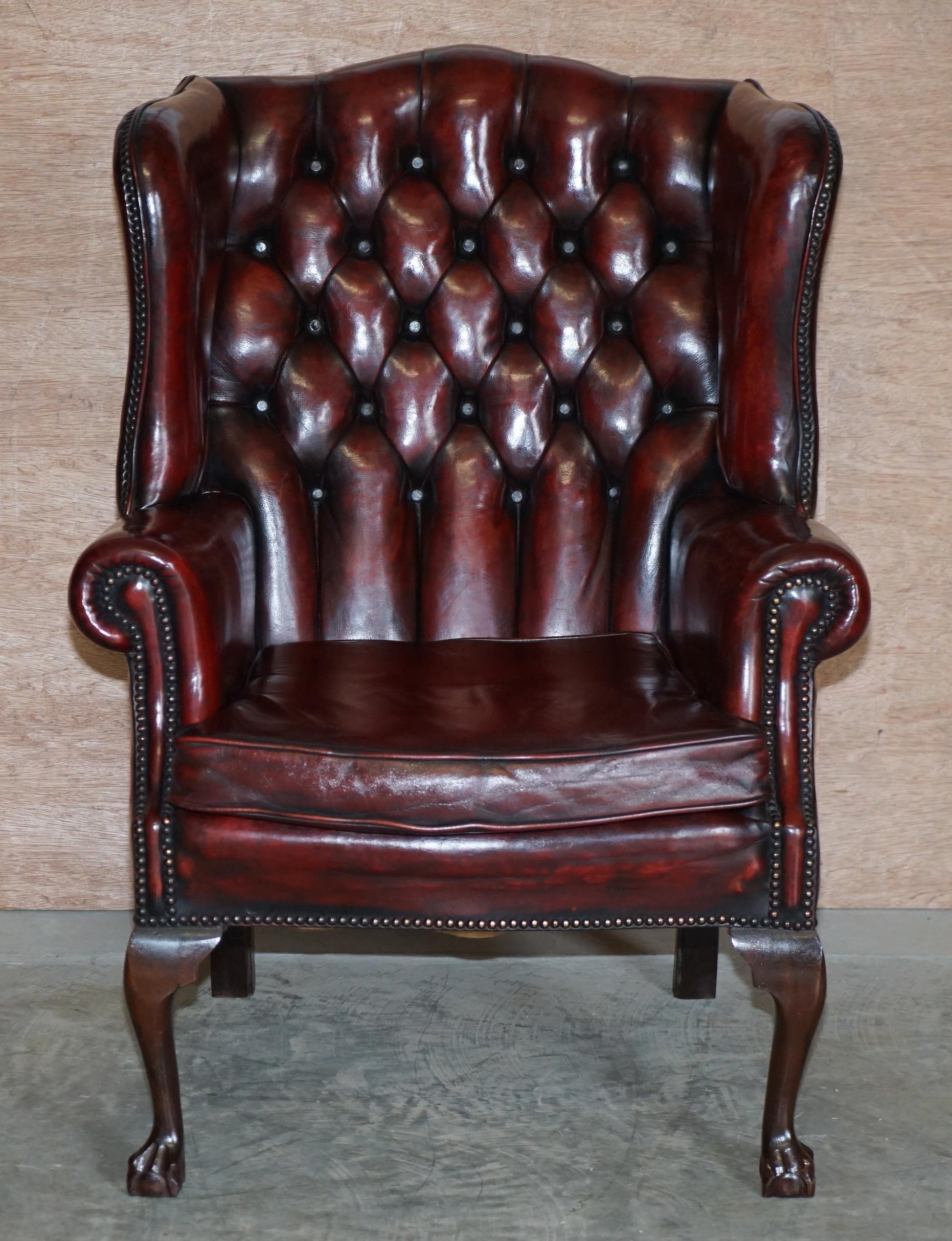 Pair of Restored Claw & Ball Chesterfield Wingback Bordeaux Leather Armchairs 7