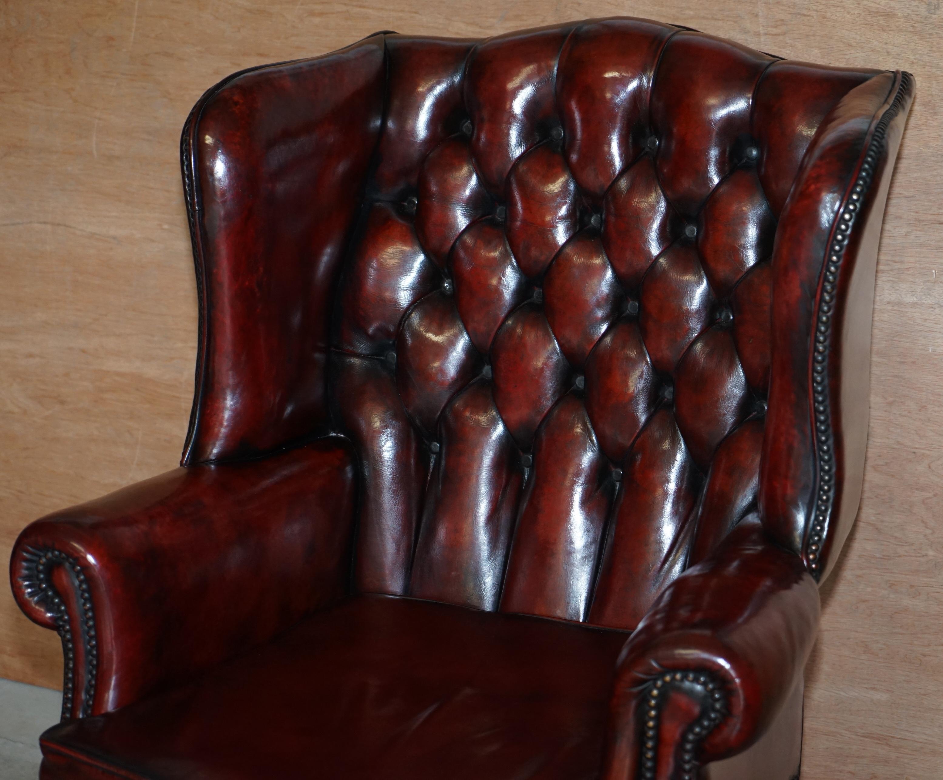 Pair of Restored Claw & Ball Chesterfield Wingback Bordeaux Leather Armchairs 8