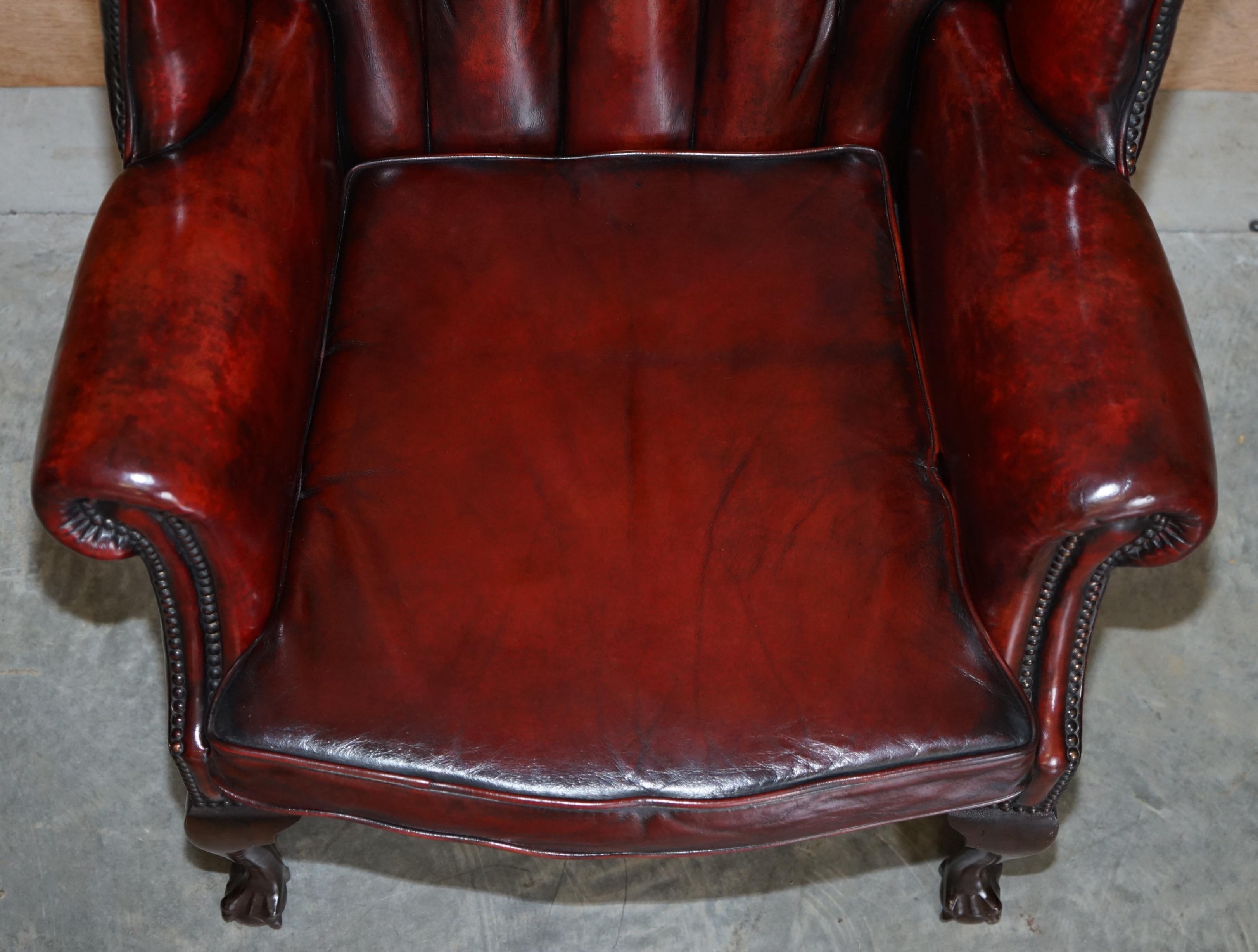 Pair of Restored Claw & Ball Chesterfield Wingback Bordeaux Leather Armchairs 10