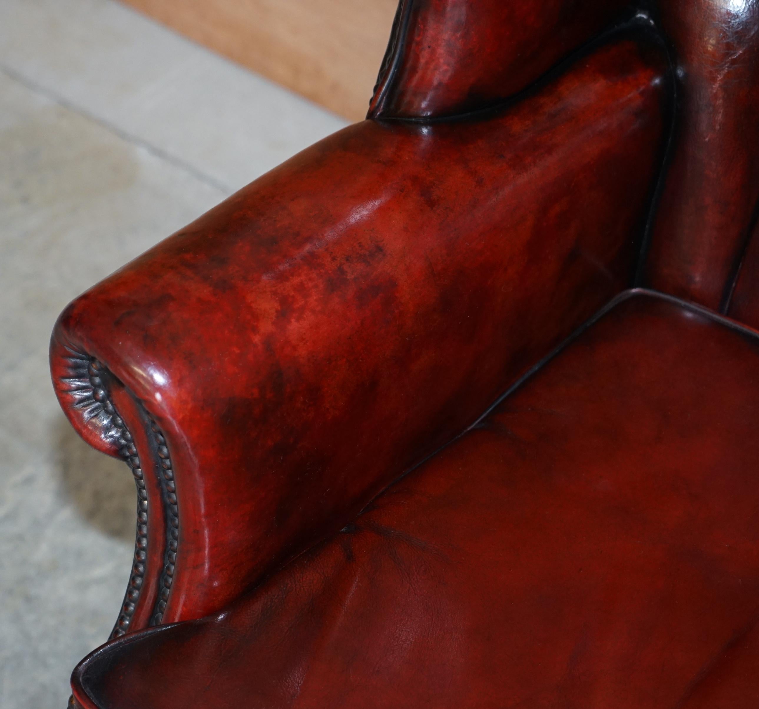 Pair of Restored Claw & Ball Chesterfield Wingback Bordeaux Leather Armchairs 11