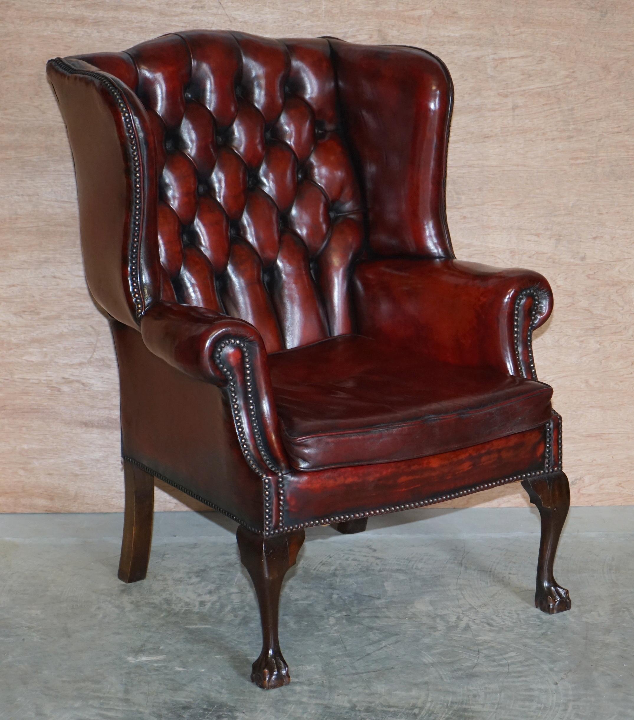 We are delighted to offer this stunning pair of Chesterfield Bordeaux leather fully restored circa 1900 wingback armchairs with hand carved claw and ball feet

A good looking and well made pair, nice to see with the hand carved claw and ball feet,