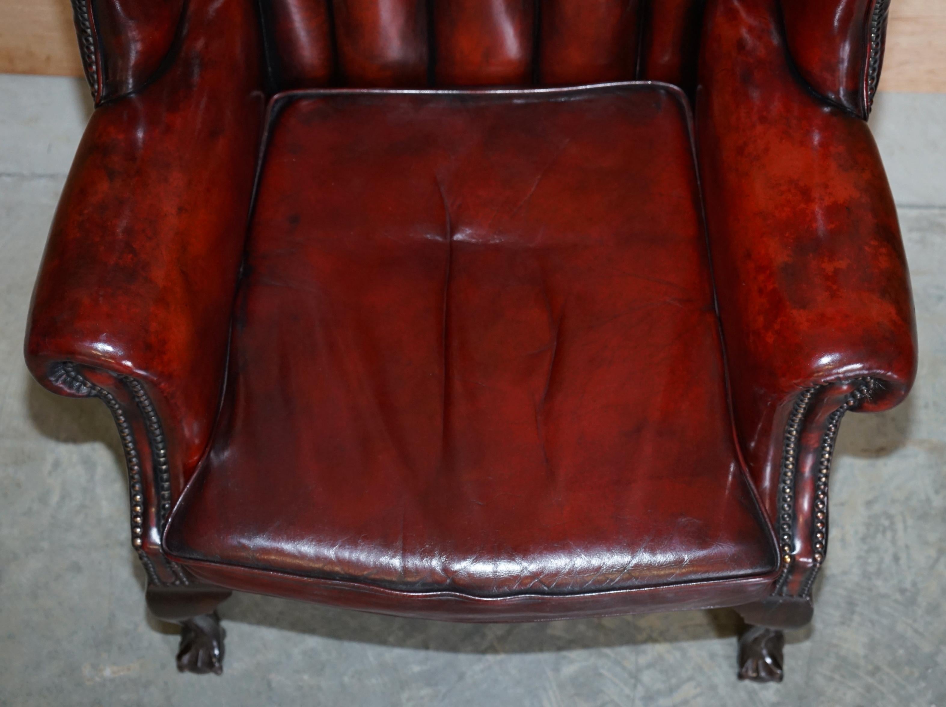 Edwardian Pair of Restored Claw & Ball Chesterfield Wingback Bordeaux Leather Armchairs