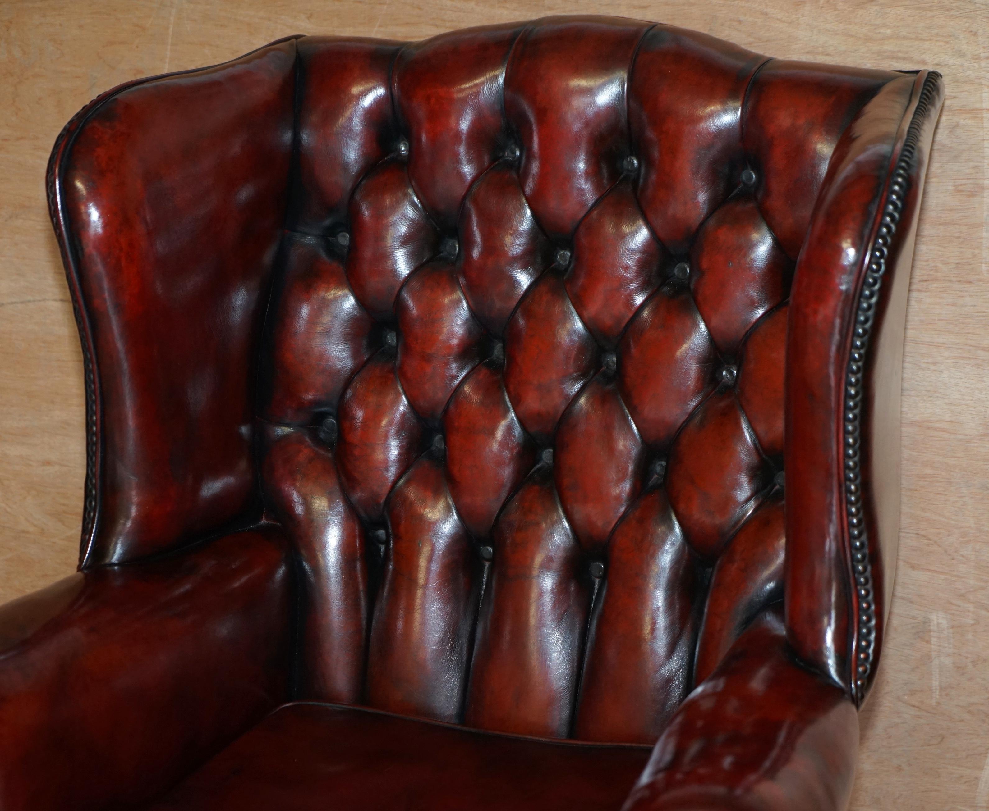 Hand-Crafted Pair of Restored Claw & Ball Chesterfield Wingback Bordeaux Leather Armchairs