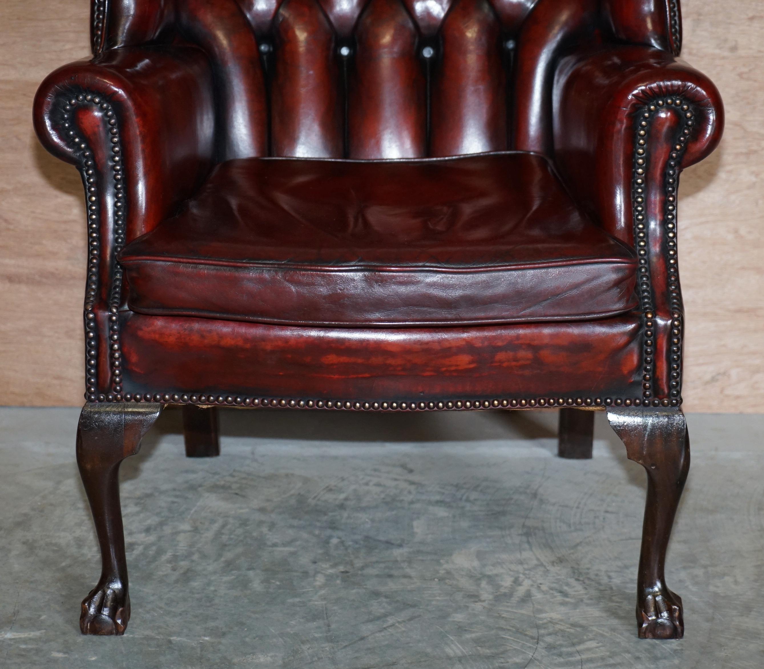Pair of Restored Claw & Ball Chesterfield Wingback Bordeaux Leather Armchairs 1