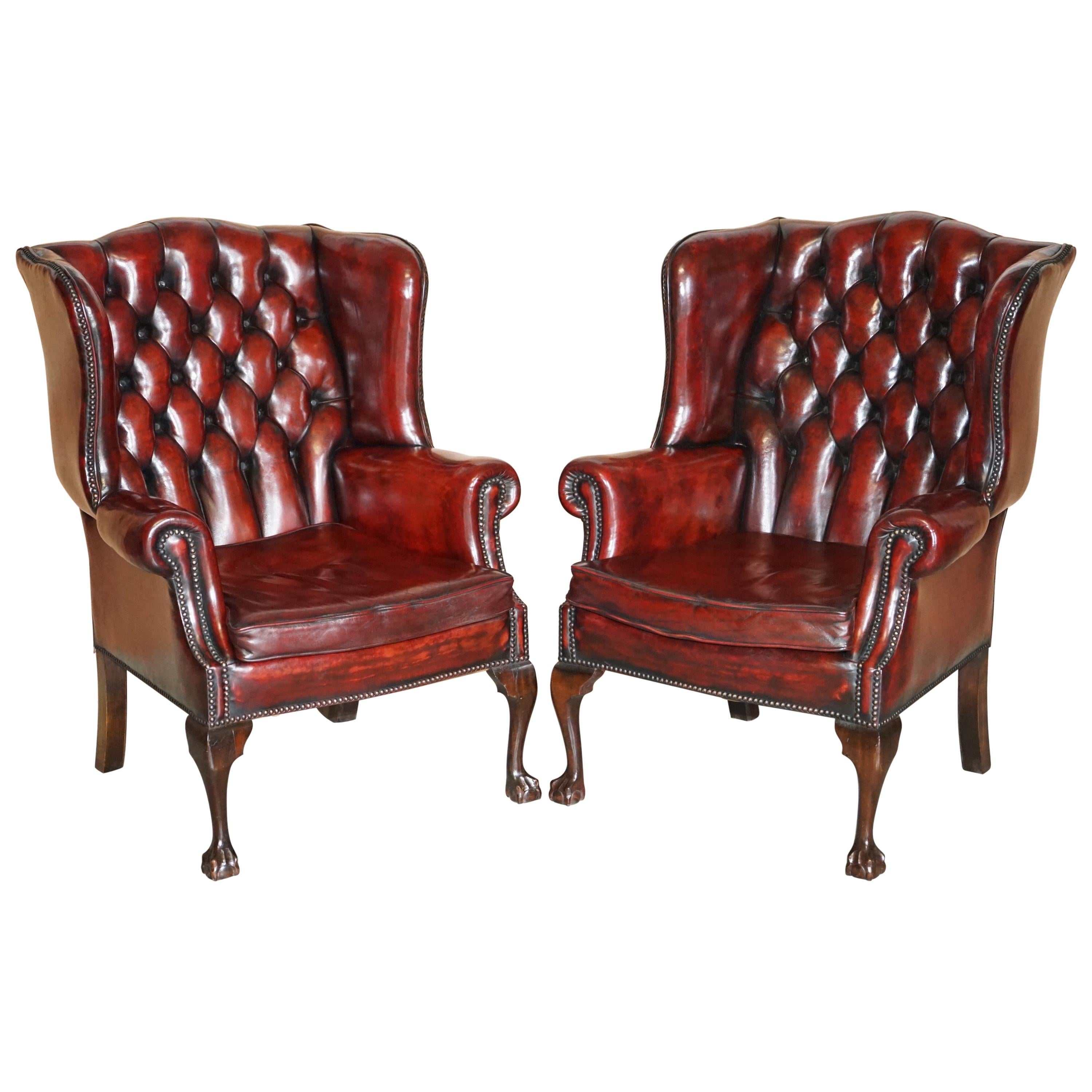 Pair of Restored Claw & Ball Chesterfield Wingback Bordeaux Leather Armchairs