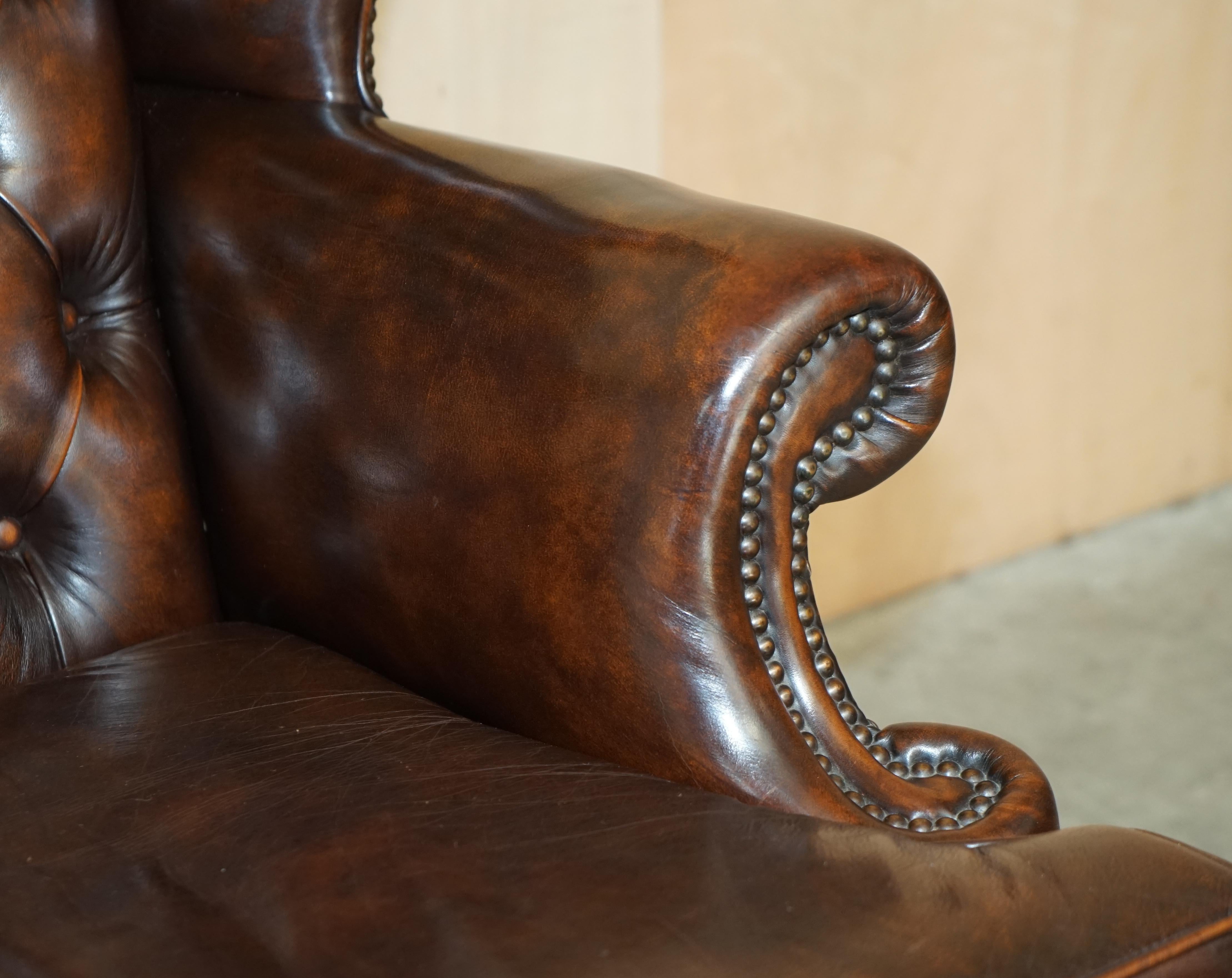 Pair of Restored Claw & Ball Chesterfield Wingback Brown Leather Armchairs 4