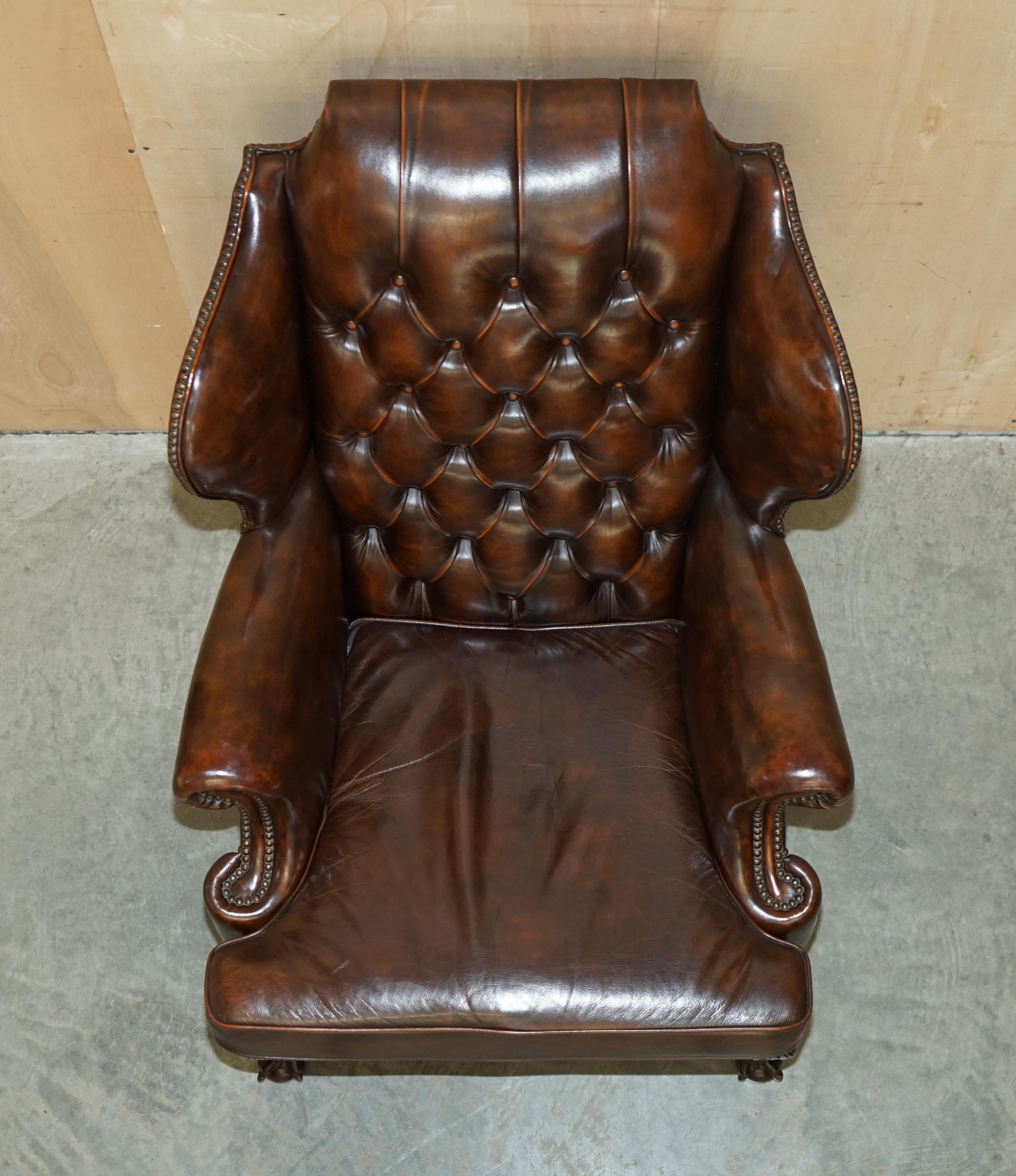 Pair of Restored Claw & Ball Chesterfield Wingback Brown Leather Armchairs 9