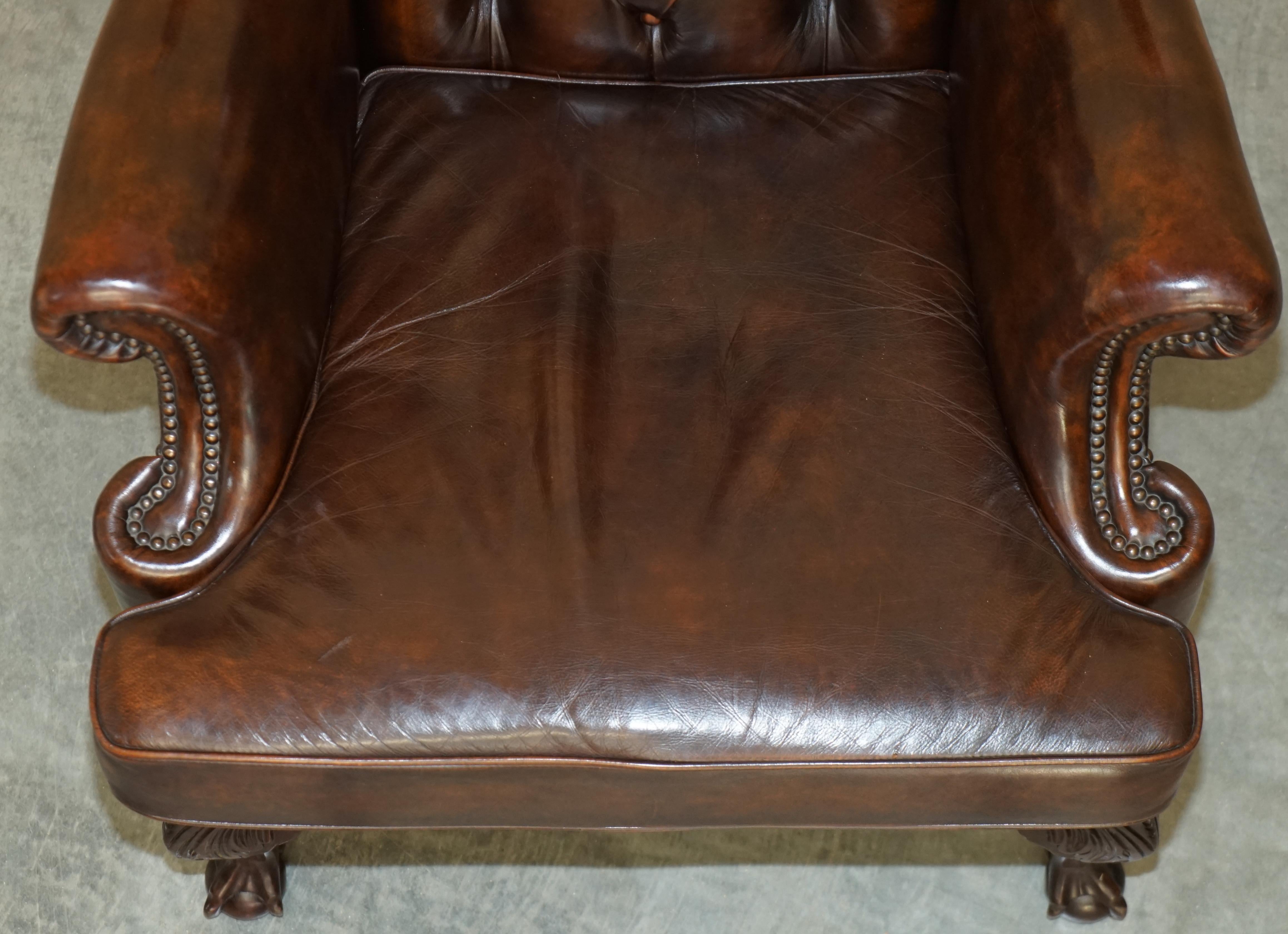 Pair of Restored Claw & Ball Chesterfield Wingback Brown Leather Armchairs 10