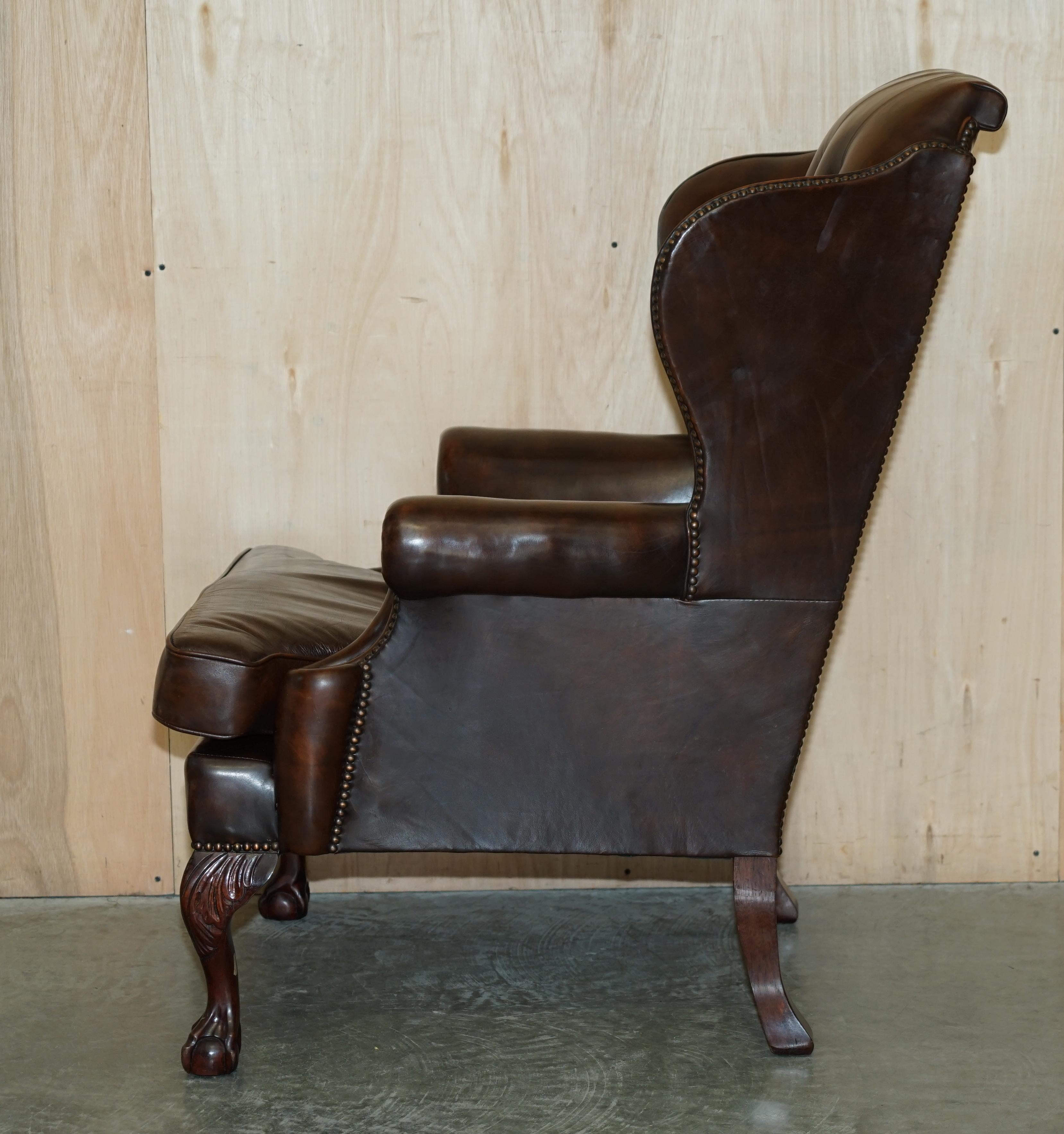 Pair of Restored Claw & Ball Chesterfield Wingback Brown Leather Armchairs 11