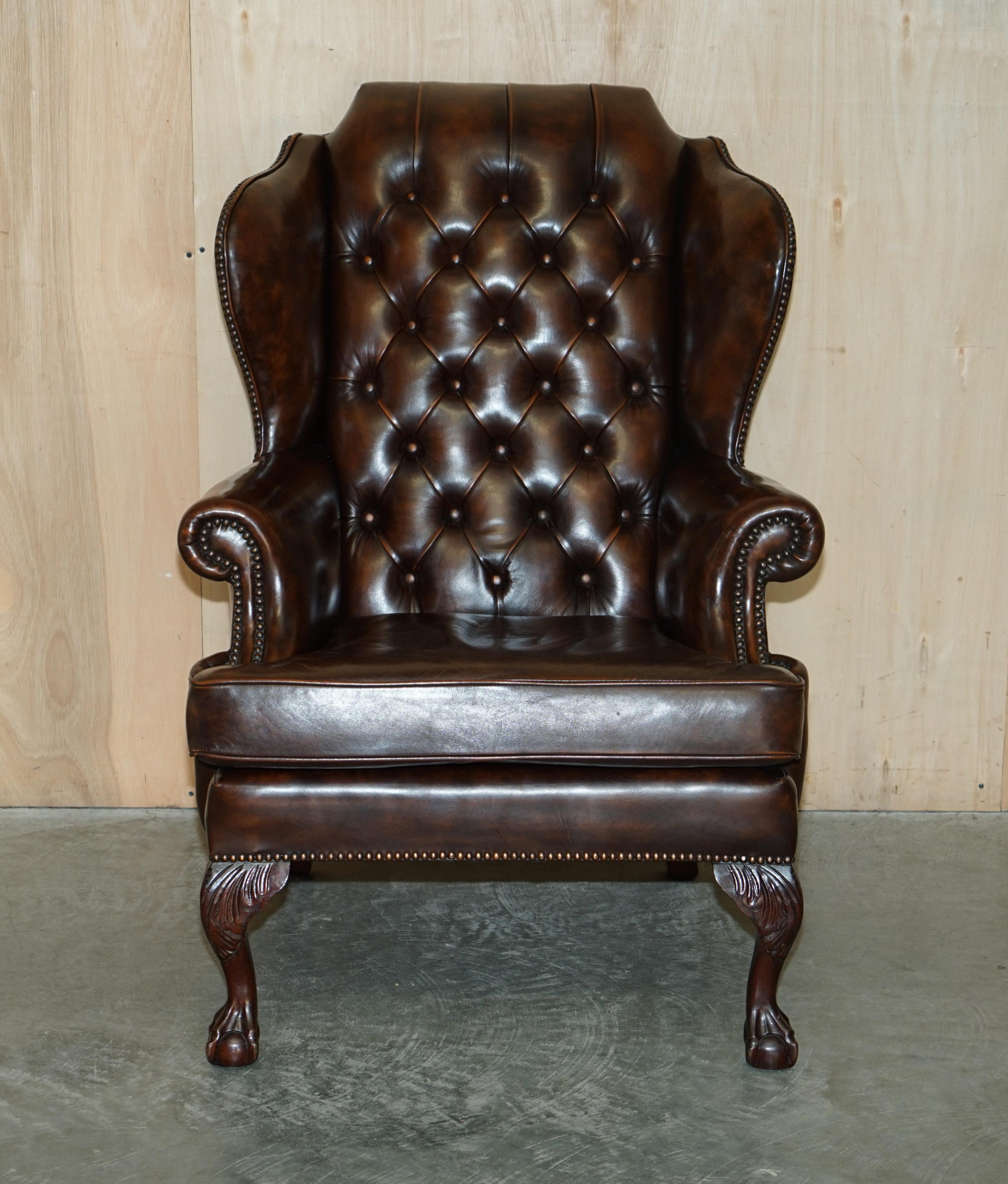 We are delighted to offer for sale this stunning pair of Chesterfield Chestnut Brown leather wingback armchairs with hand-carved claw and ball feet

A good looking and well-made pair, nice to see with the hand carved claw and ball feet, they have