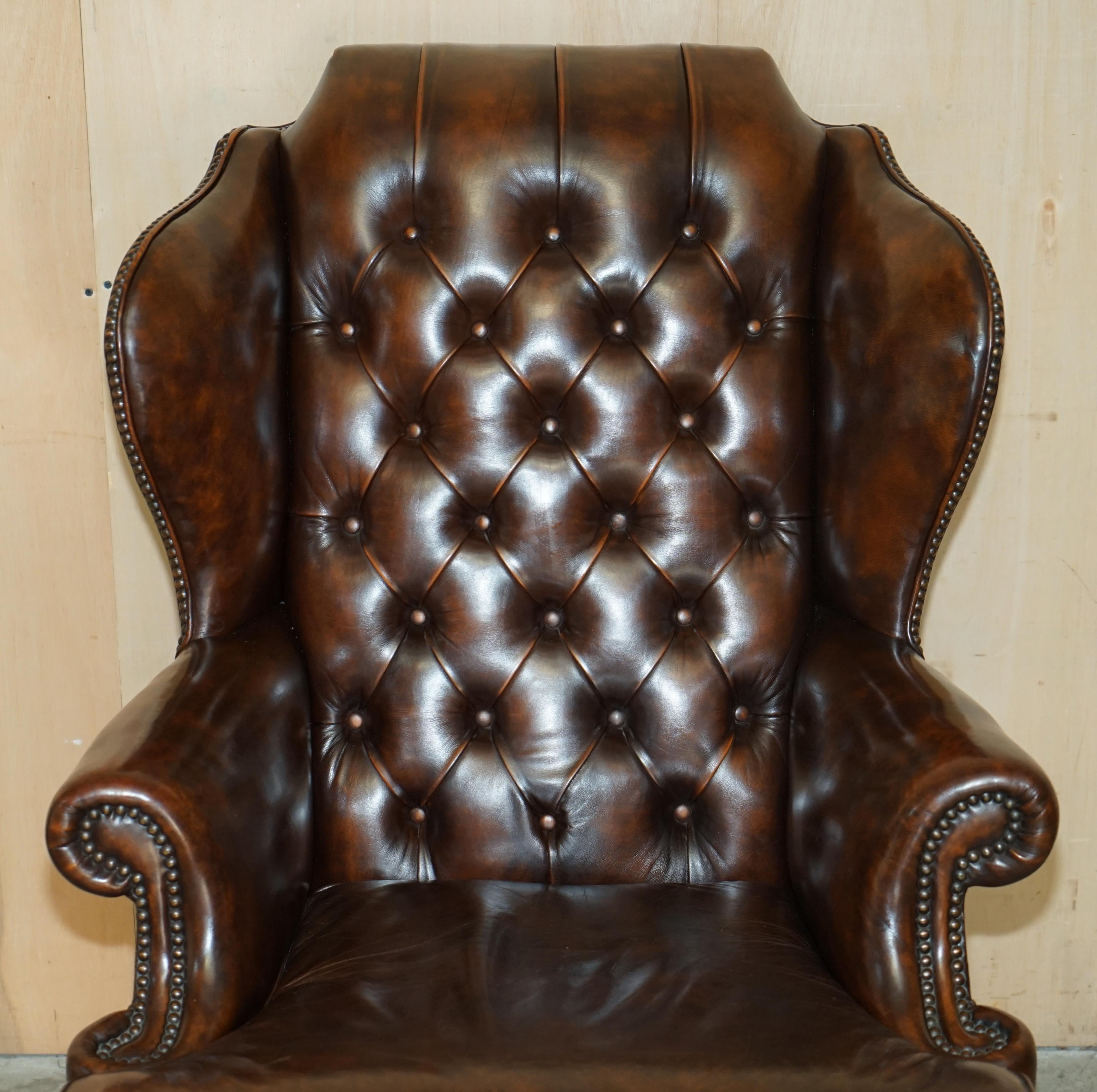 Georgian Pair of Restored Claw & Ball Chesterfield Wingback Brown Leather Armchairs