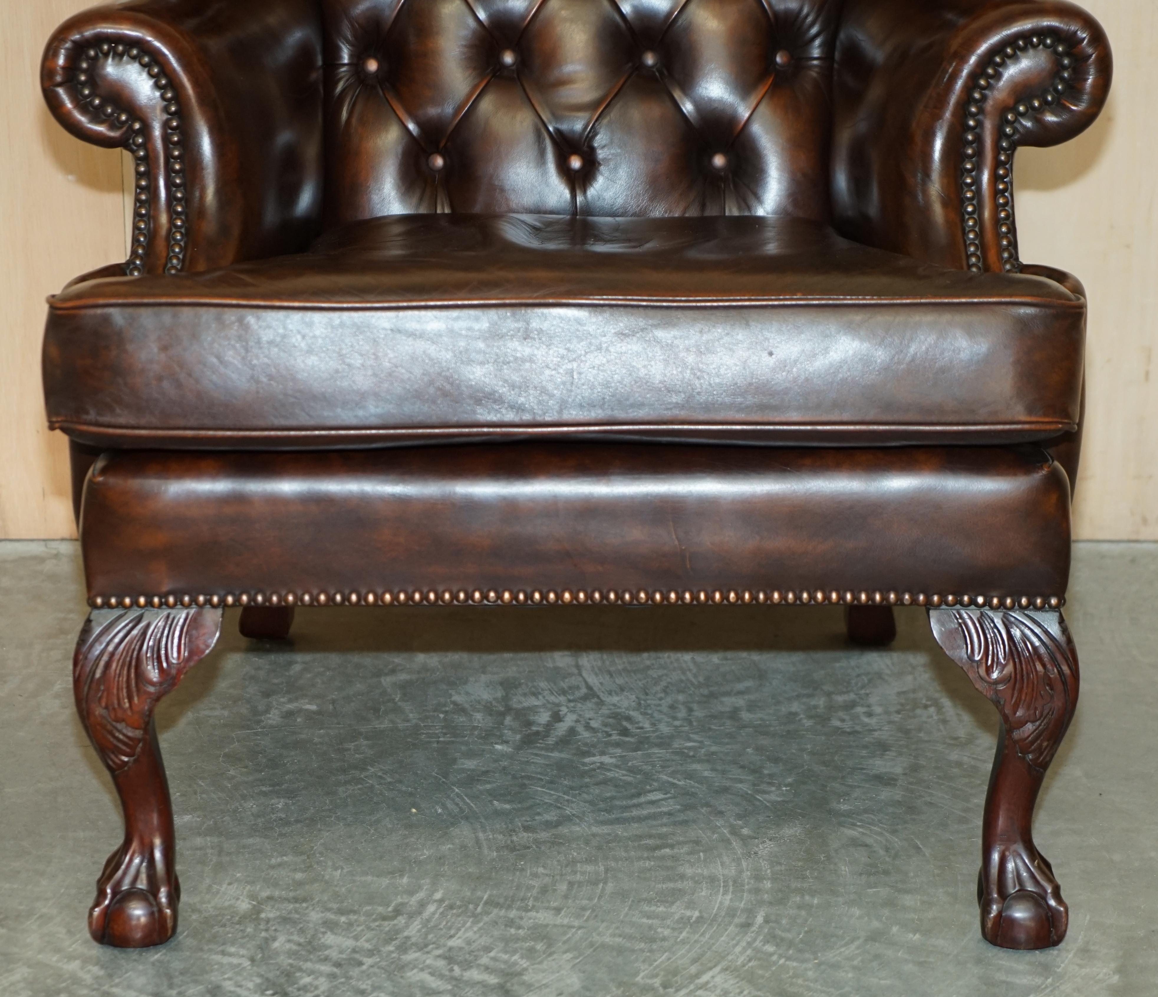 Hand-Crafted Pair of Restored Claw & Ball Chesterfield Wingback Brown Leather Armchairs