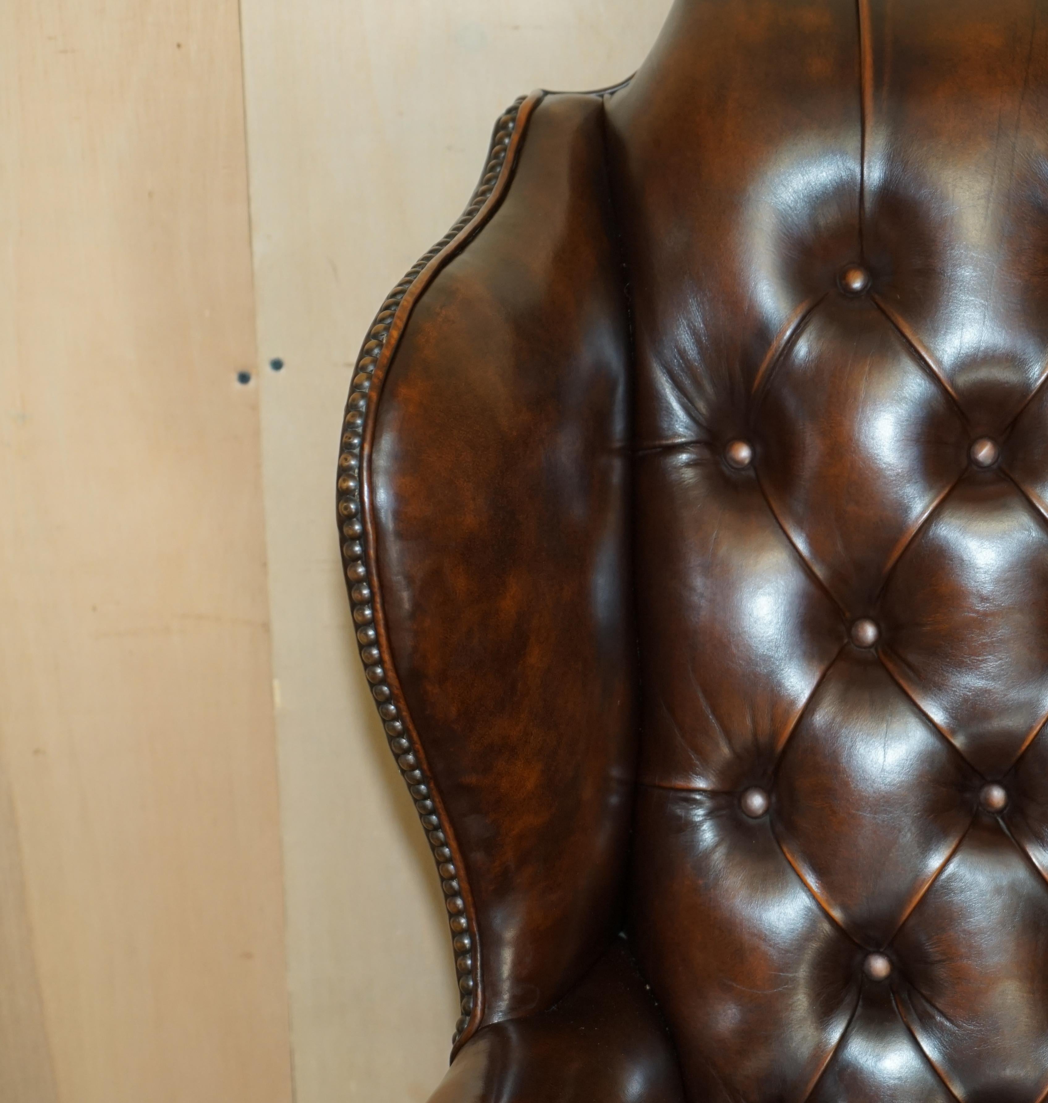 20th Century Pair of Restored Claw & Ball Chesterfield Wingback Brown Leather Armchairs