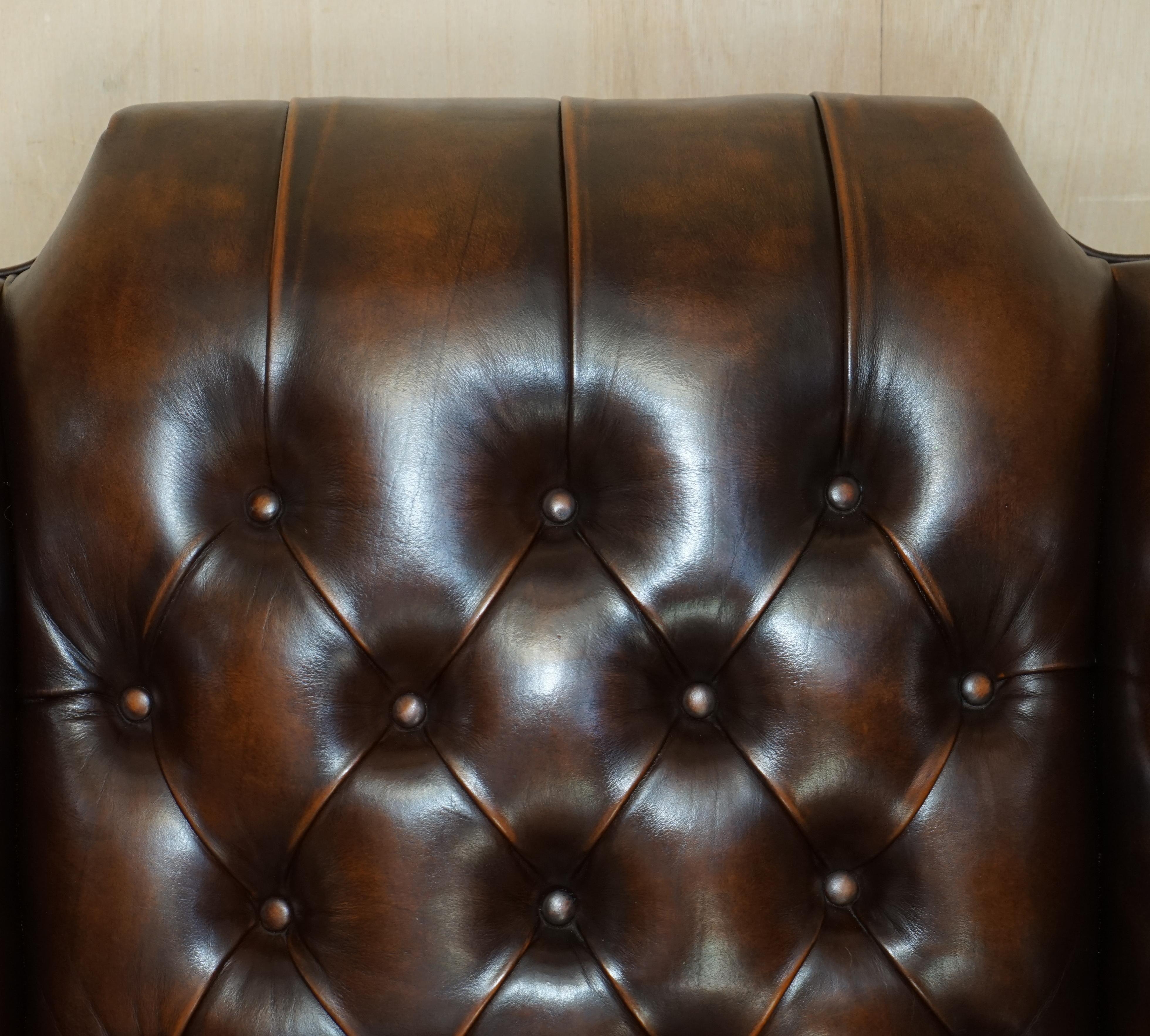 Pair of Restored Claw & Ball Chesterfield Wingback Brown Leather Armchairs 1