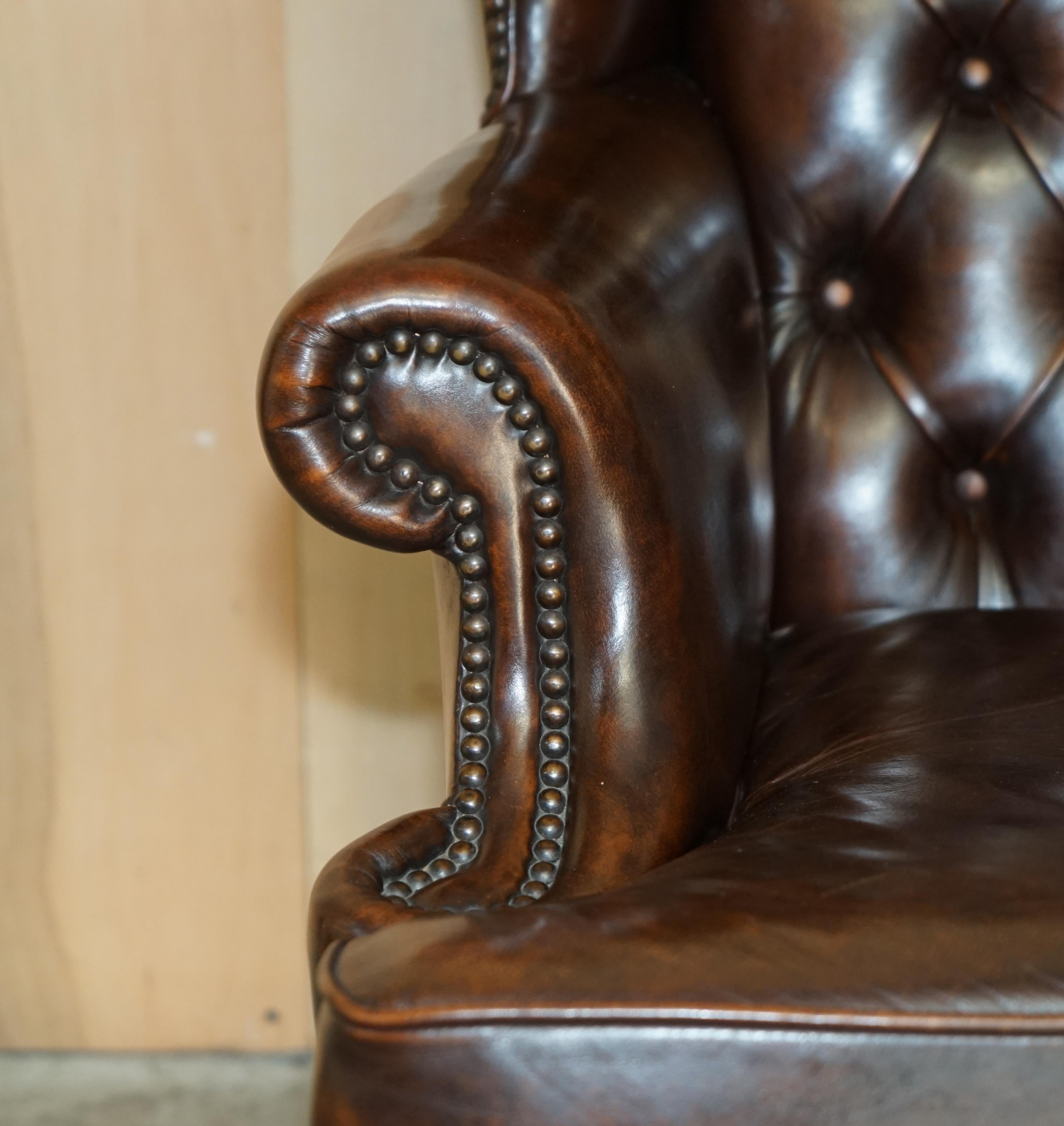 Pair of Restored Claw & Ball Chesterfield Wingback Brown Leather Armchairs 2