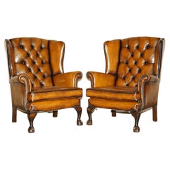 Vintage Pair of Restored Claw & Ball Chesterfield Wingback Brown Leather Armchairs