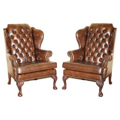 Pair of Restored Claw & Ball Chesterfield Wingback Brown Leather Armchairs
