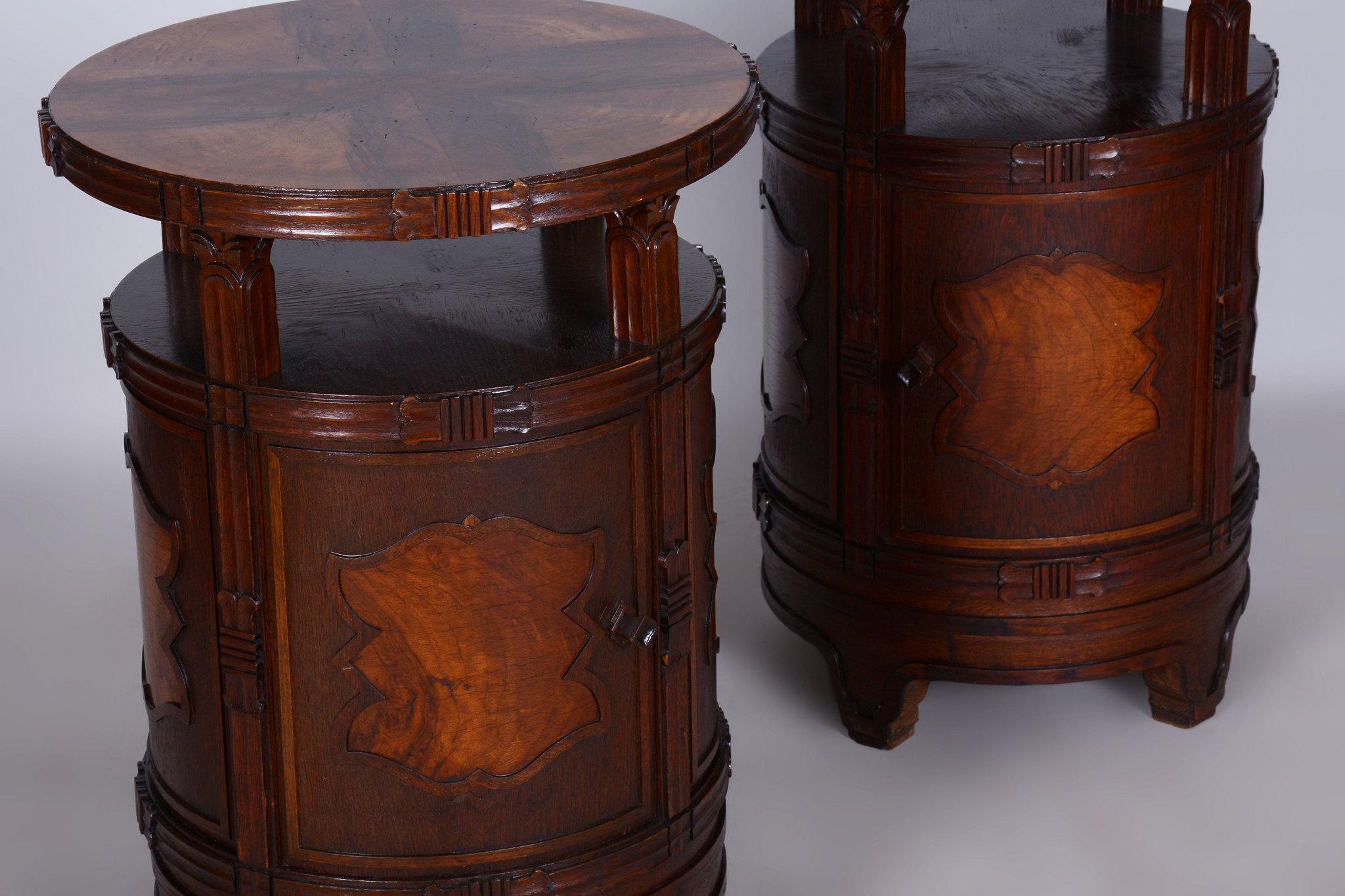 Pair of Restored Cubism Bedside Tables, Oak, Walnut, Polished, Czech, 1910s For Sale 4
