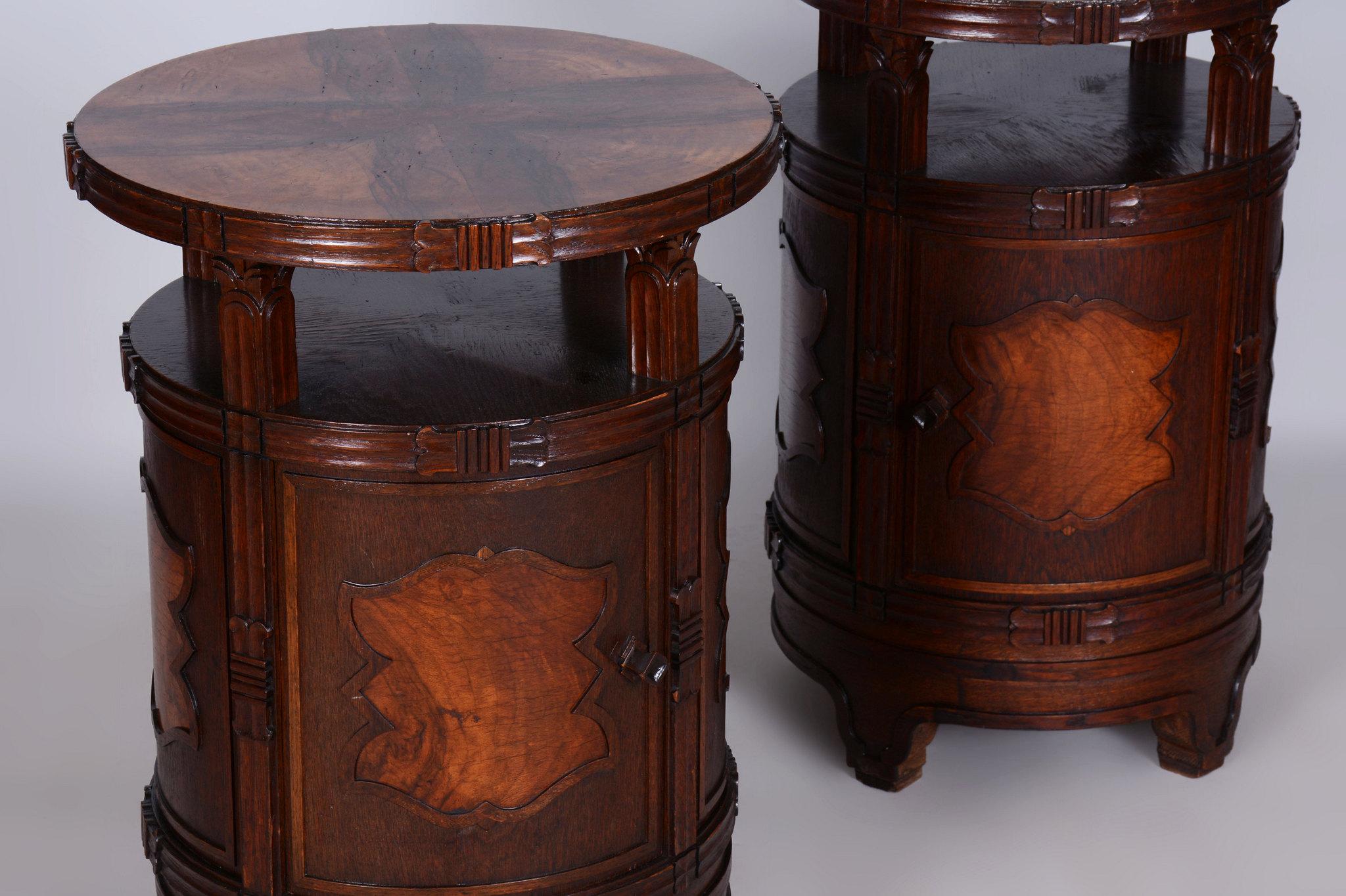 Pair of Restored Cubism Bedside Tables, Oak, Walnut, Polished, Czech, 1910s For Sale 5