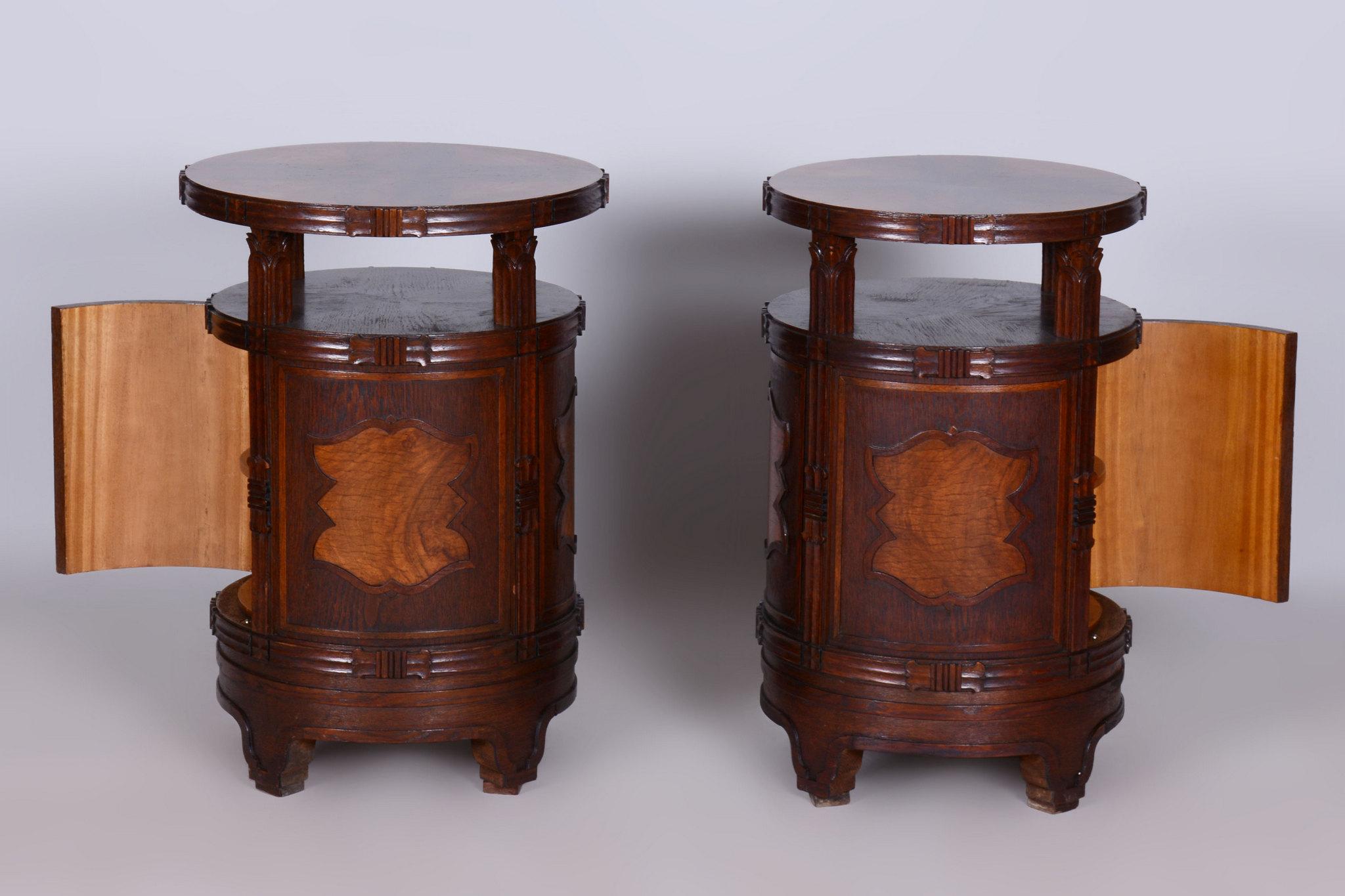 Pair of Restored Cubism Bedside Tables, Oak, Walnut, Polished, Czech, 1910s For Sale 7