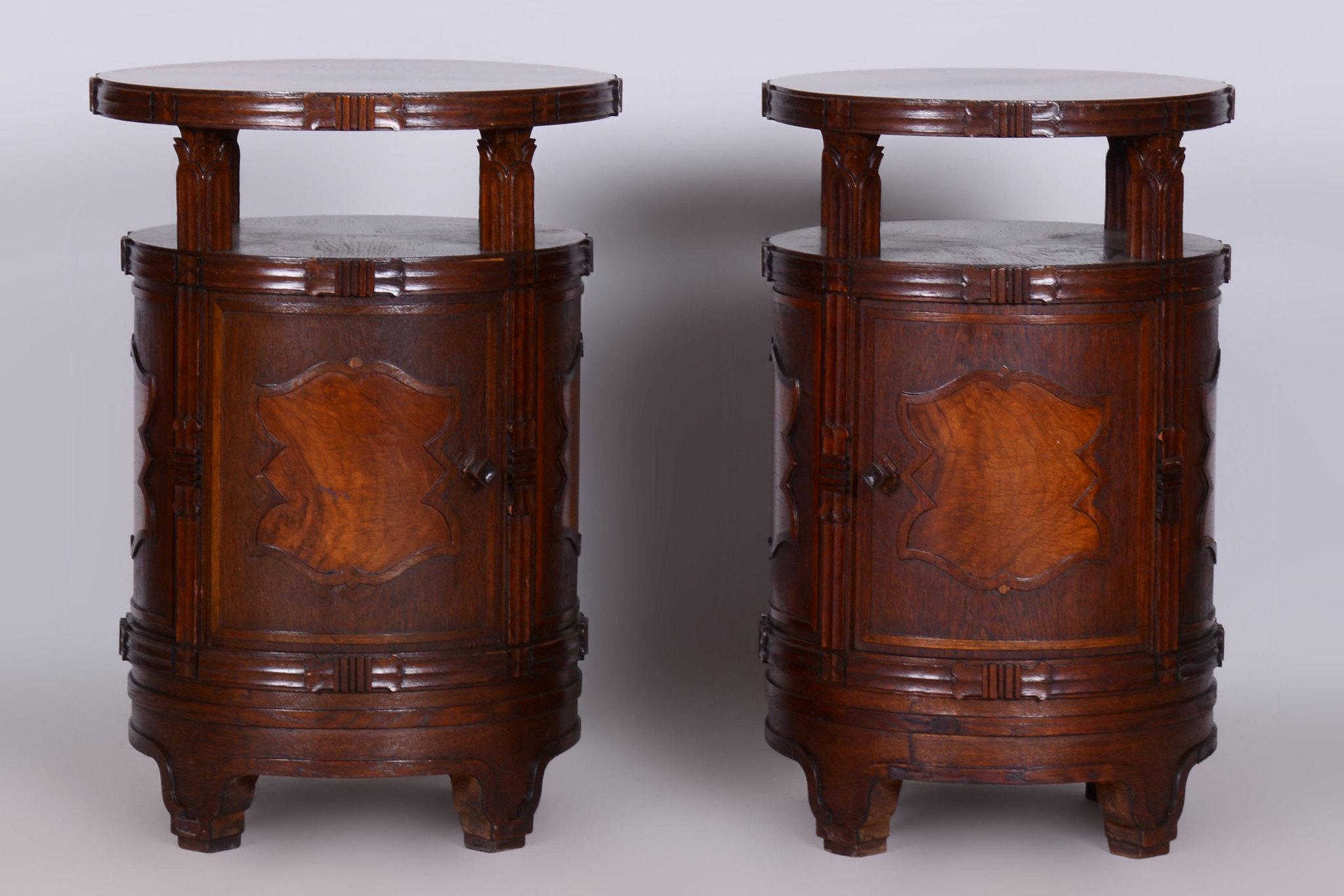 Art Deco Pair of Restored Cubism Bedside Tables, Oak, Walnut, Polished, Czech, 1910s For Sale