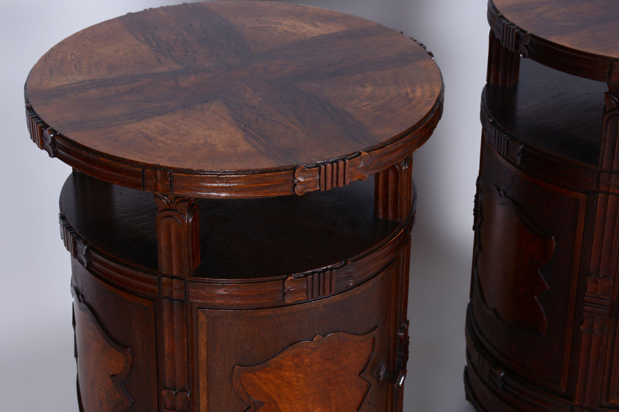 Early 20th Century Pair of Restored Cubism Bedside Tables, Oak, Walnut, Polished, Czech, 1910s For Sale