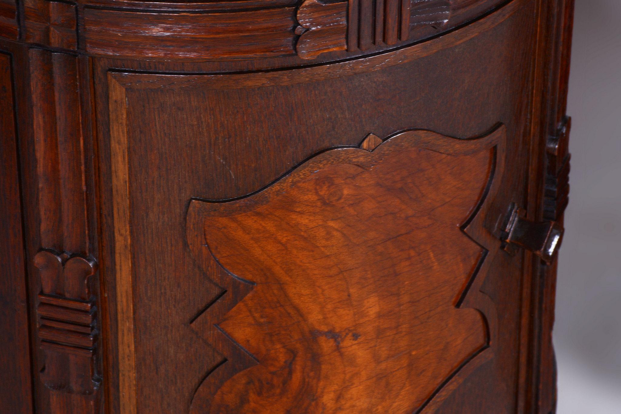 Wood Pair of Restored Cubism Bedside Tables, Oak, Walnut, Polished, Czech, 1910s For Sale