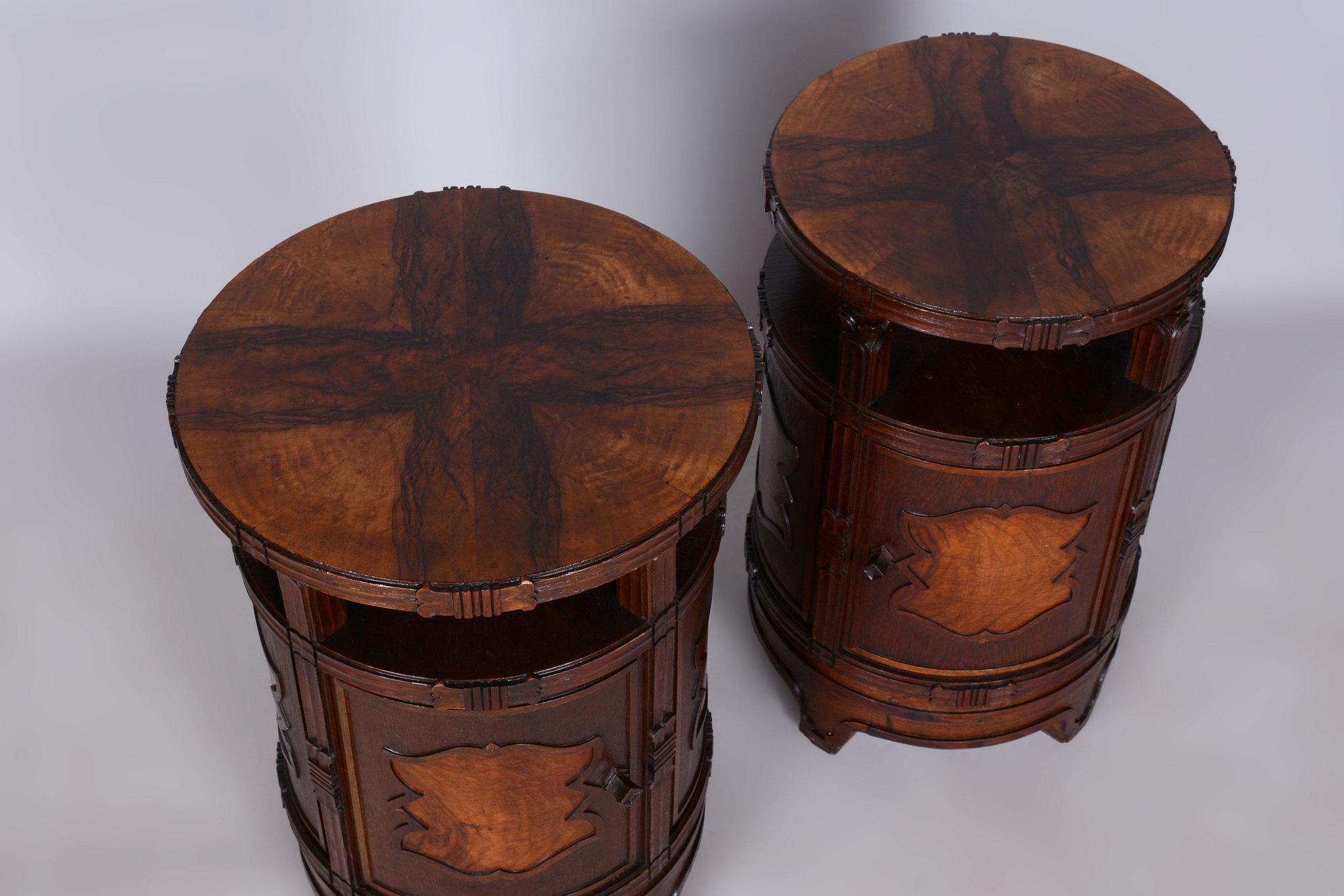 Pair of Restored Cubism Bedside Tables, Oak, Walnut, Polished, Czech, 1910s For Sale 1