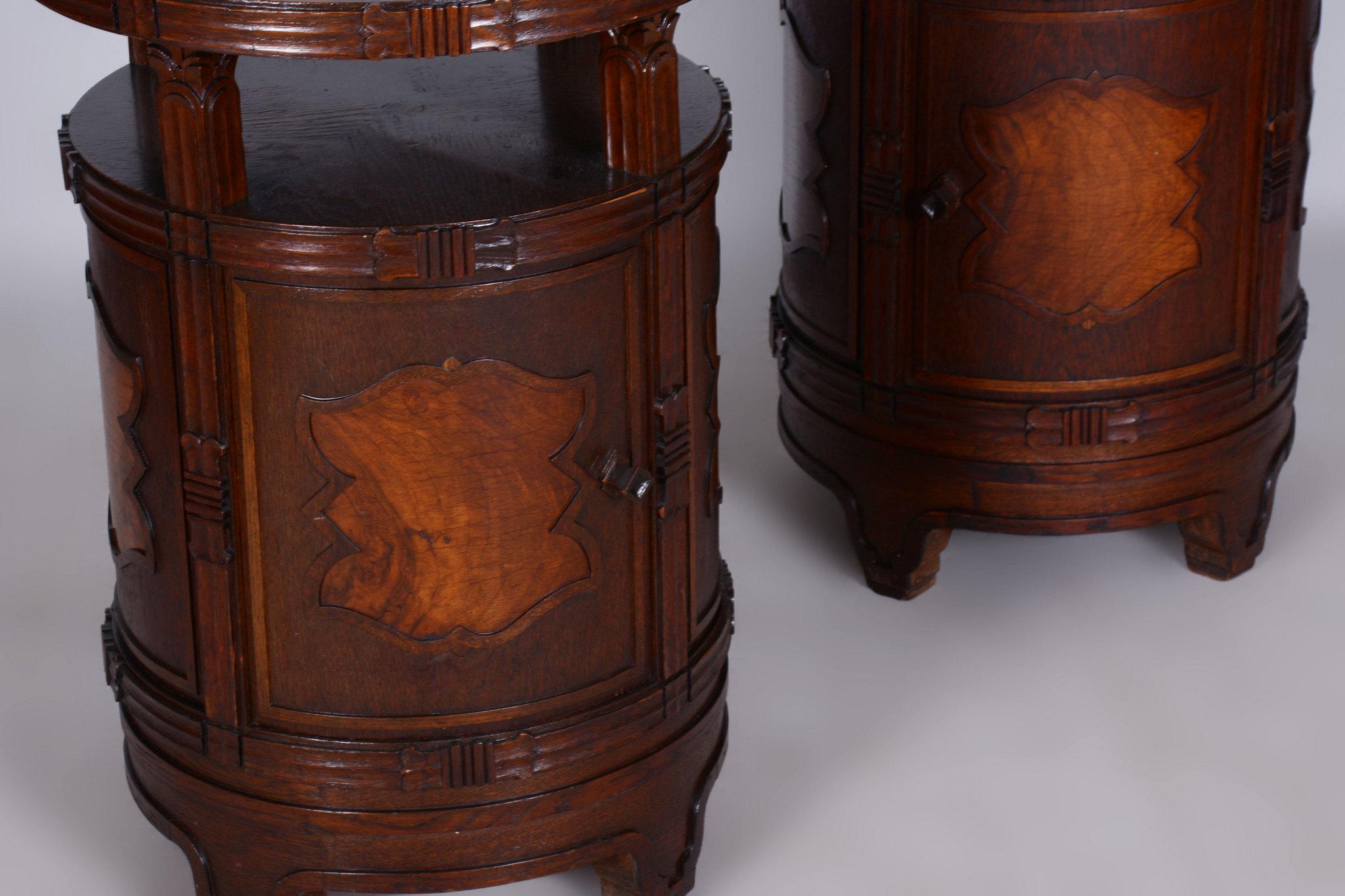 Pair of Restored Cubism Bedside Tables, Oak, Walnut, Polished, Czech, 1910s For Sale 3
