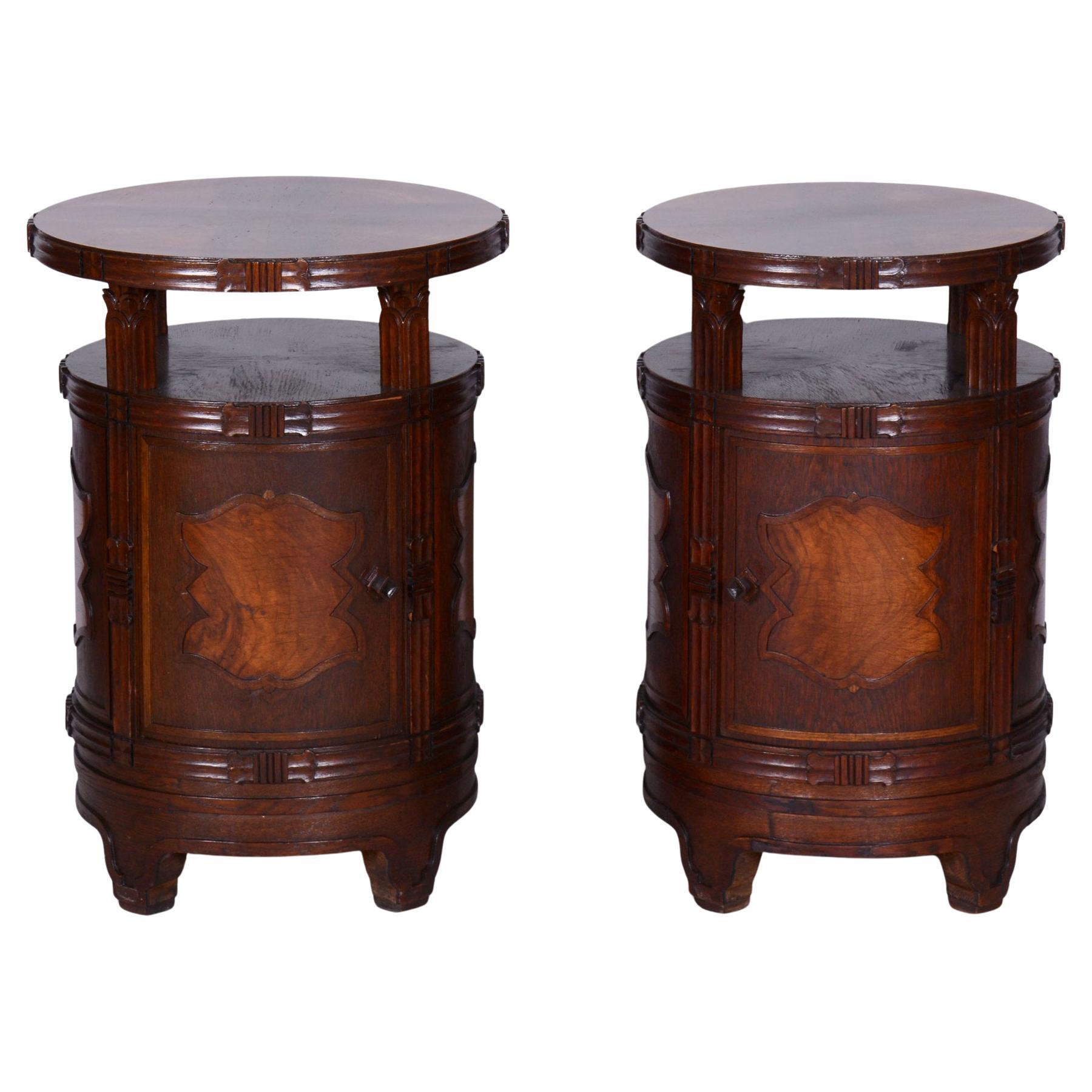 Pair of Restored Cubism Bedside Tables, Oak, Walnut, Polished, Czech, 1910s For Sale