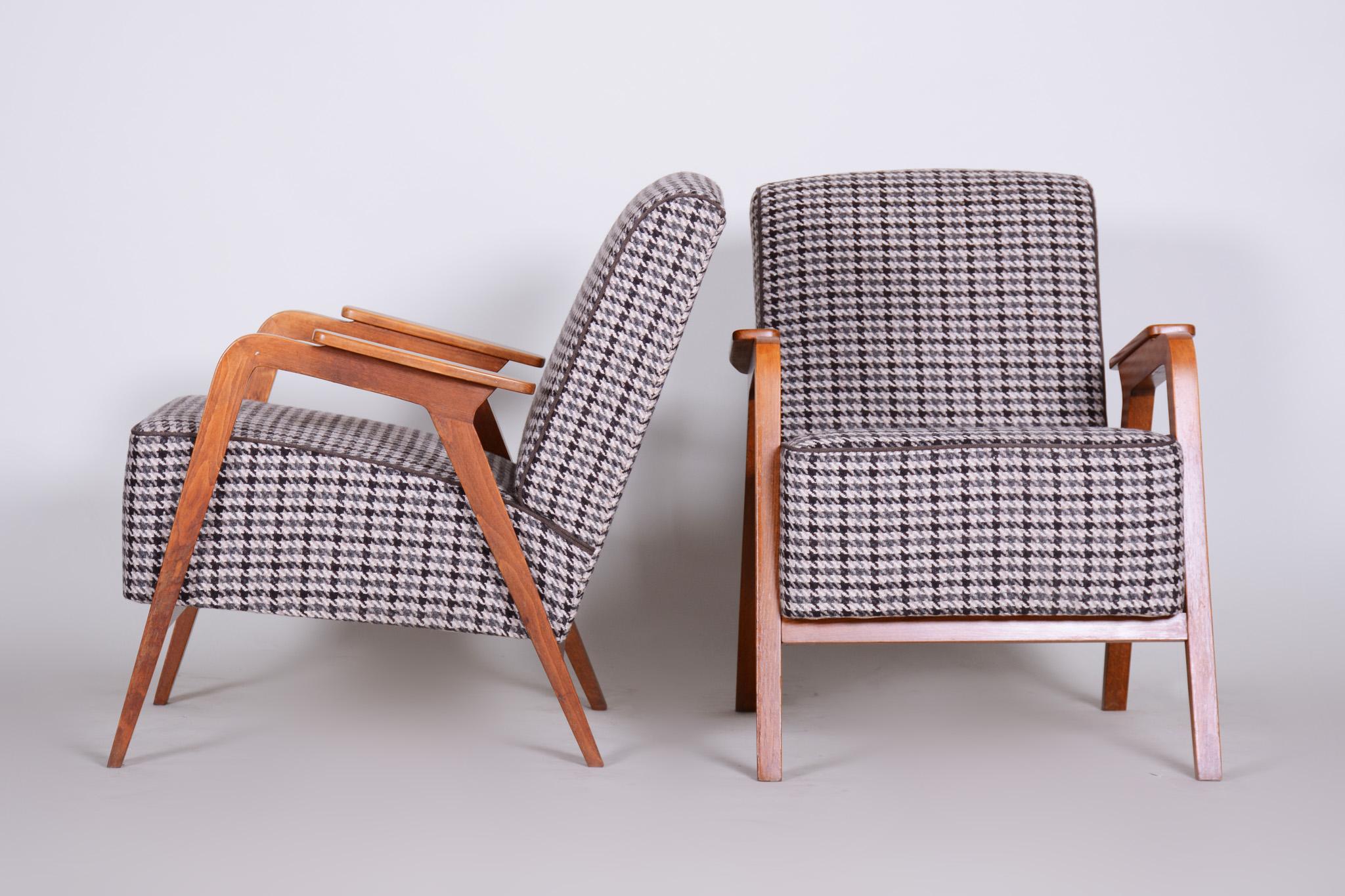 Mid-Century Modern Pair of Restored Czech Midcentury Brown Beech Armchairs, 1940s, New Upholstery