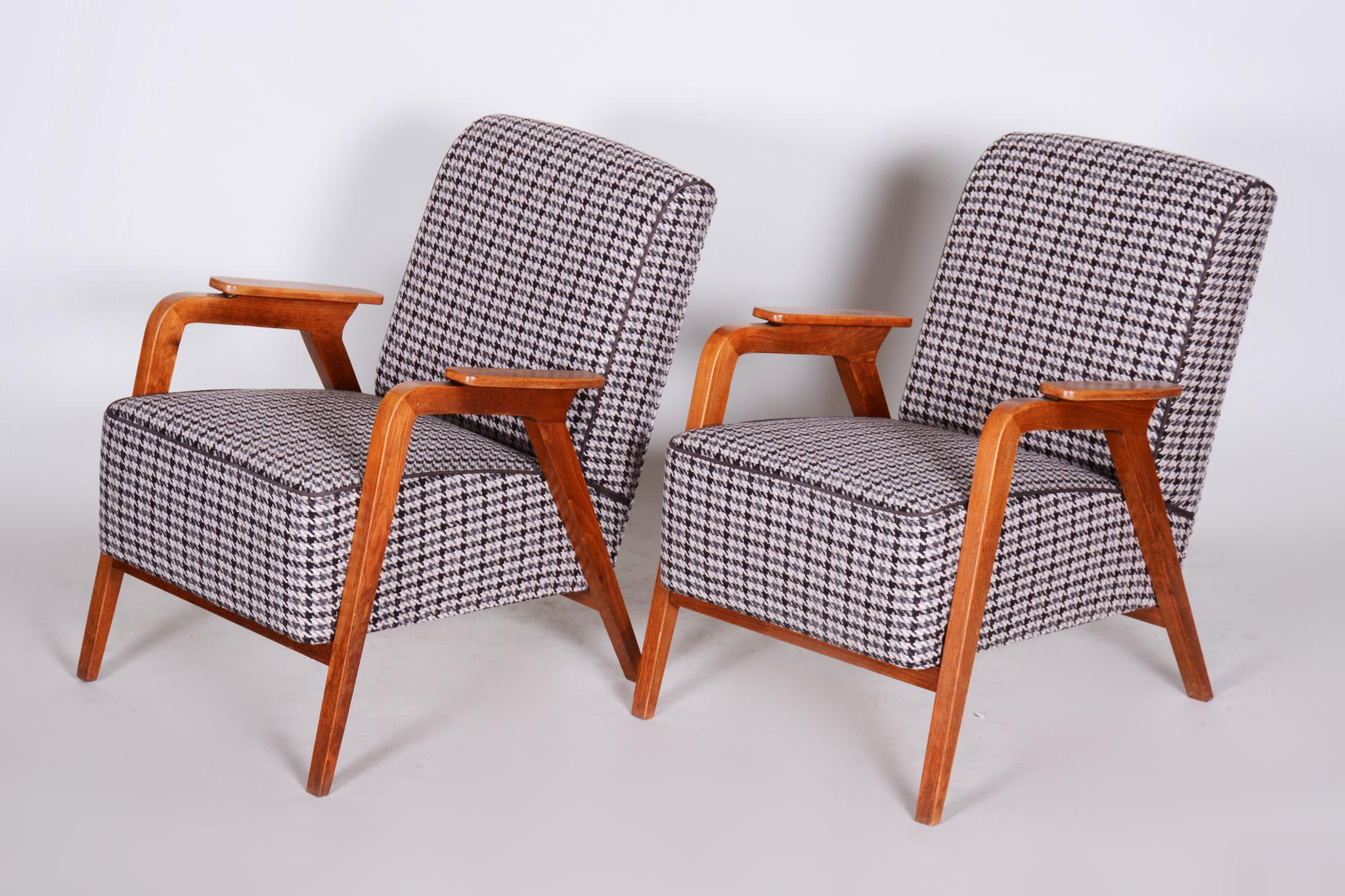 Fabric Pair of Restored Czech Midcentury Brown Beech Armchairs, 1940s, New Upholstery