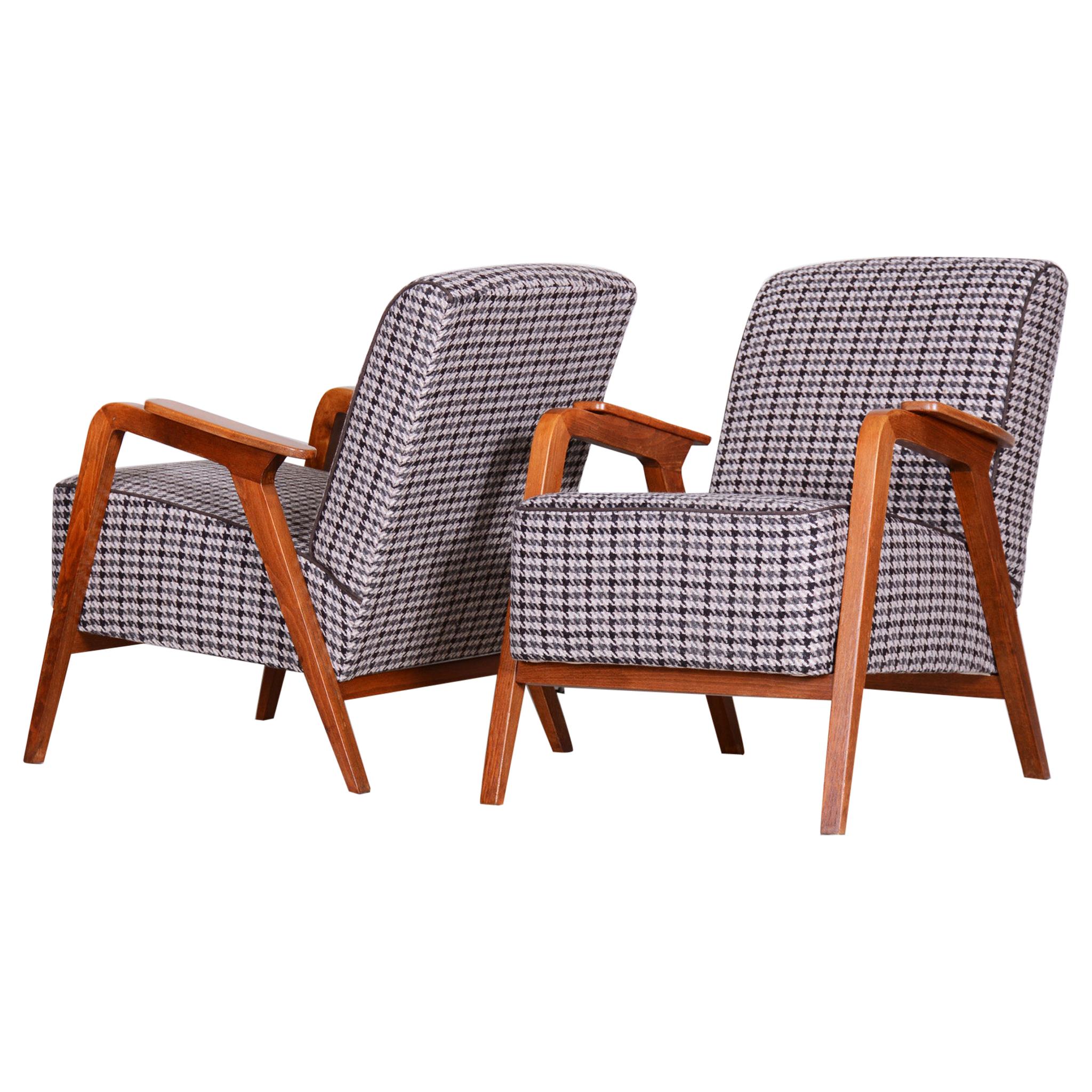 Pair of Restored Czech Midcentury Brown Beech Armchairs, 1940s, New Upholstery
