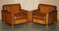 PAIR OF RESTORED DE SEDE DS17 BROWN BUFFALO NECK LEATHER ARMCHAIRS & FOOTSTOOLs
