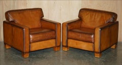 PAIR OF RESTORED DE SEDE DS17 BROWN BUFFALO NECK LEATHER ARMCHAIRS & FOOTSTOOLs