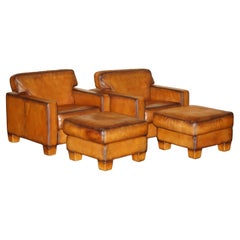 PAIR OF RESTORED DE SEDE DS17 BROWN BUFFALO NECK LEATHER ARMCHAIRS 
FOOTSTOOLs