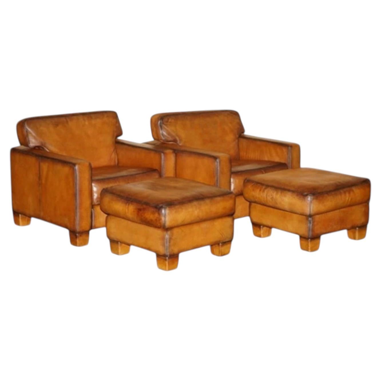 PAAR RESTORED DE SEDE DS17 BROWN BUFFALO NECK LEATHER ARMCHAIRS & FOOTSTOOLs