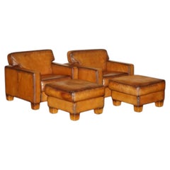 PAIR OF RESTORED DE SEDE DS17 BROWN BUFFALO NECK LEATHER ARMCHAIRS & FOOTSTOOLs