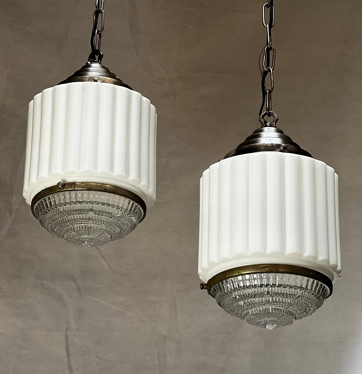 Early 20th Century Pair of restored Deco pendants with 2 piece glass