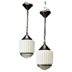 Pair of restored Deco pendants with 2 piece glass