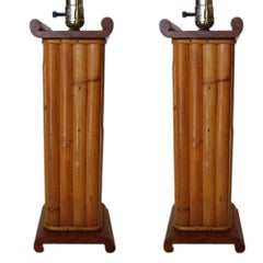 Pair of Restored Demi Inspired Rattan and Mahogany Table Lamps, Pair